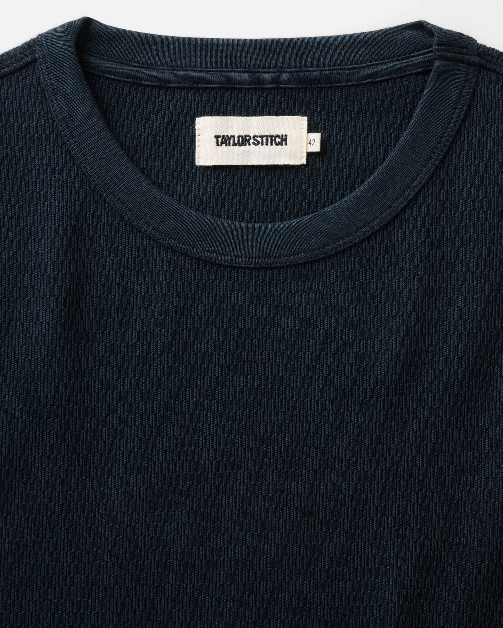 fit model showing the front of The Organic Cotton Waffle Crew Dark Navy, Knits by Taylor Stitch