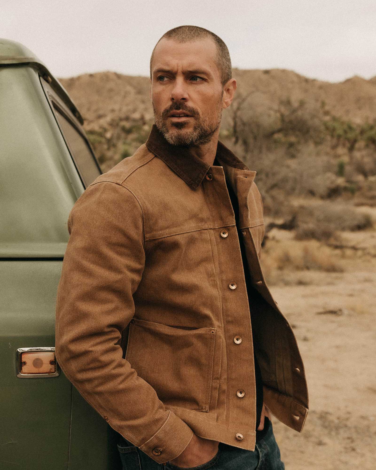 fit model posing in The Ryder Jacket in Tobacco Chipped Canvas, Outerwear by Taylor Stitch