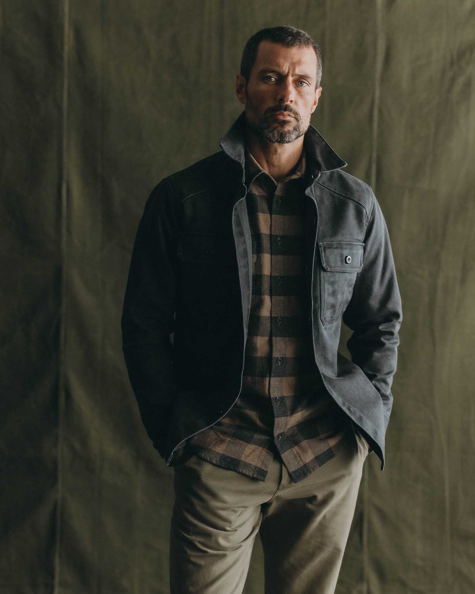 fit model walking wearing The Shop Shirt in Coal Chipped Canvas, Wovens by Taylor Stitch