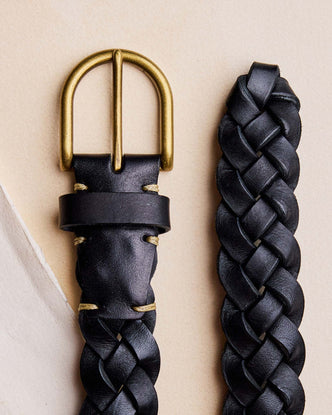 editorial flatlay of the buckle on The Braided Belt in Black