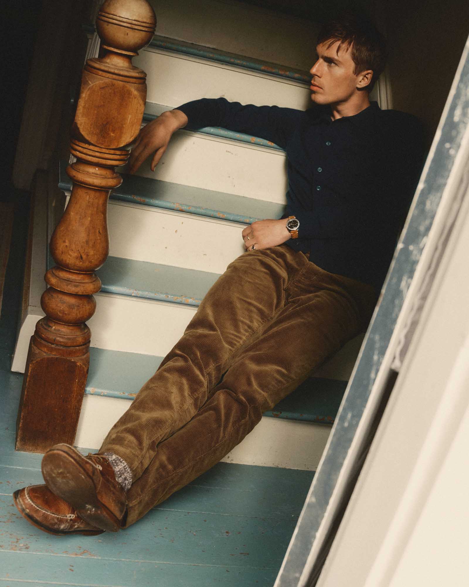 fit model showing off The Carnegie Pant in Bourbon Corduroy, Bottoms by Taylor Stitch