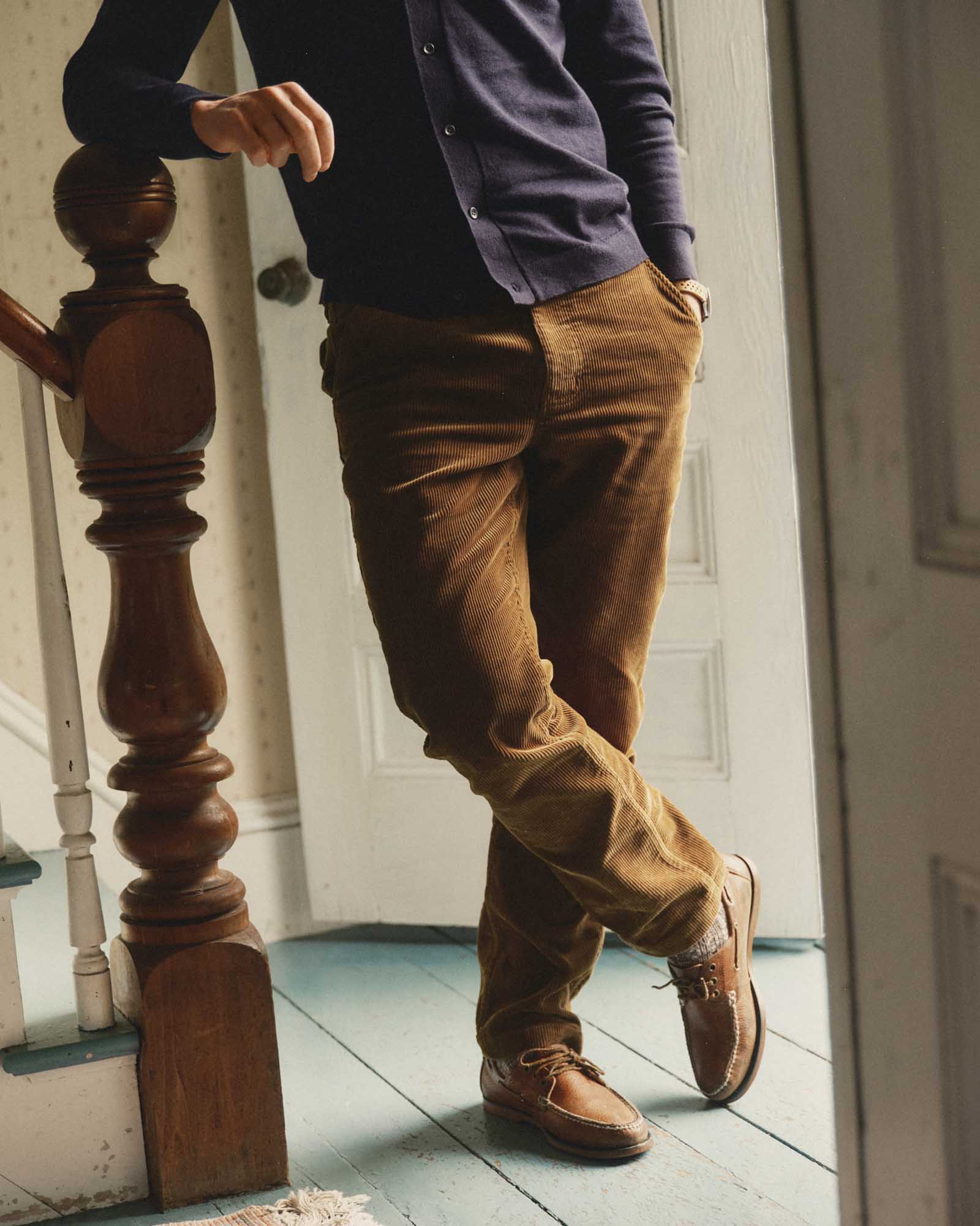 fit model showing off bottom hem on The Carnegie Pant in Bourbon Corduroy, Bottoms by Taylor Stitch