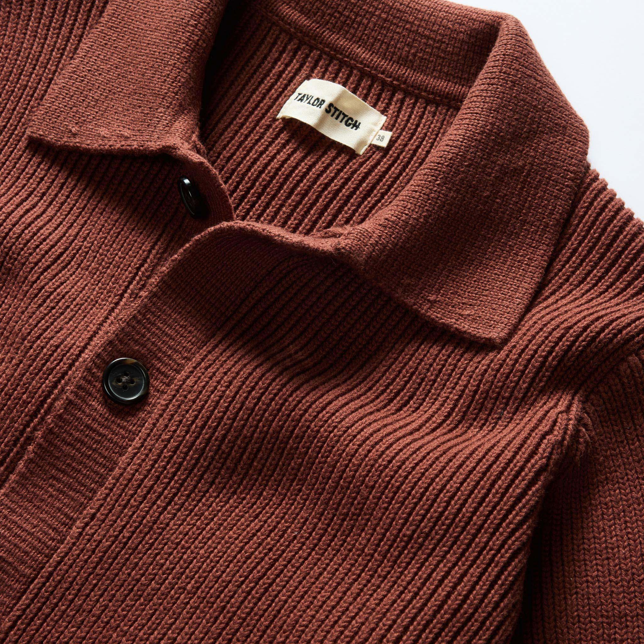 material shot of the collar on The Harbor Sweater Jacket in Mahogany, Knits by Taylor Stitch