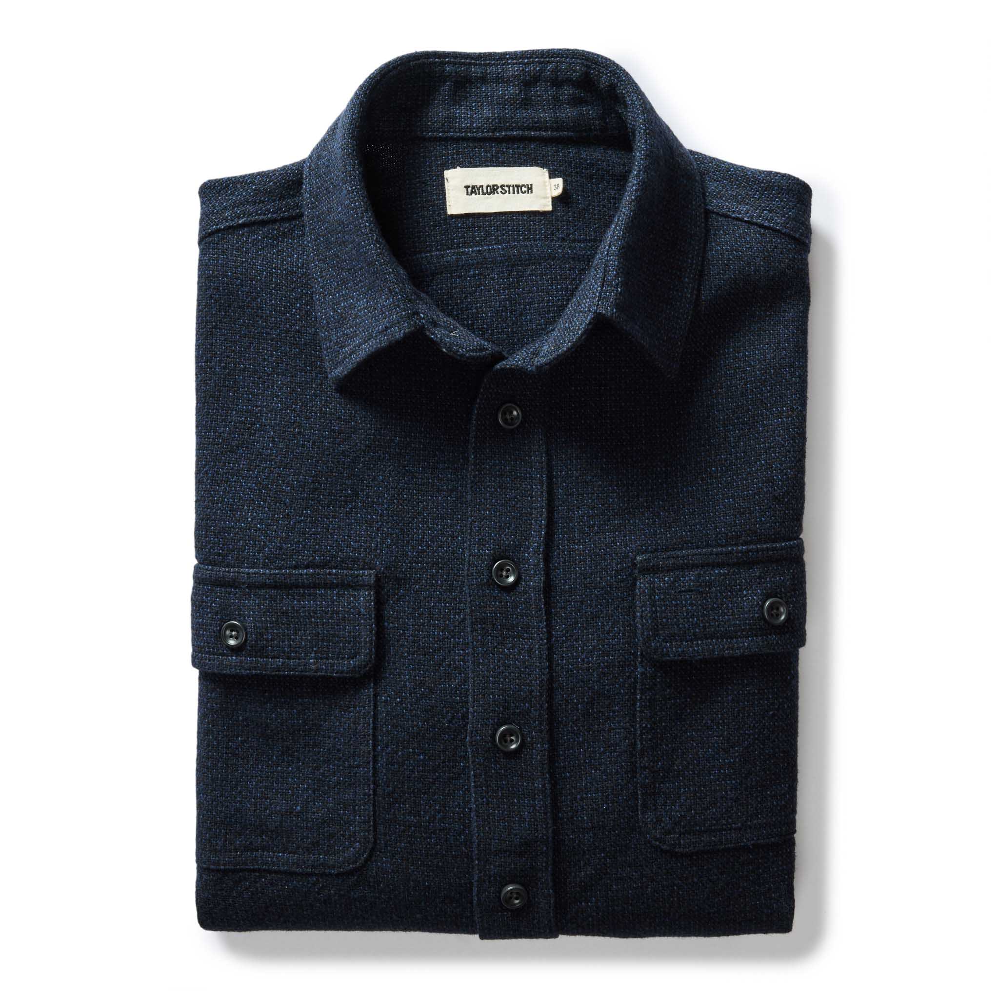 folded flatlay of The Ledge Shirt in Dark Navy Linen Tweed, Wovens by Taylor Stitch