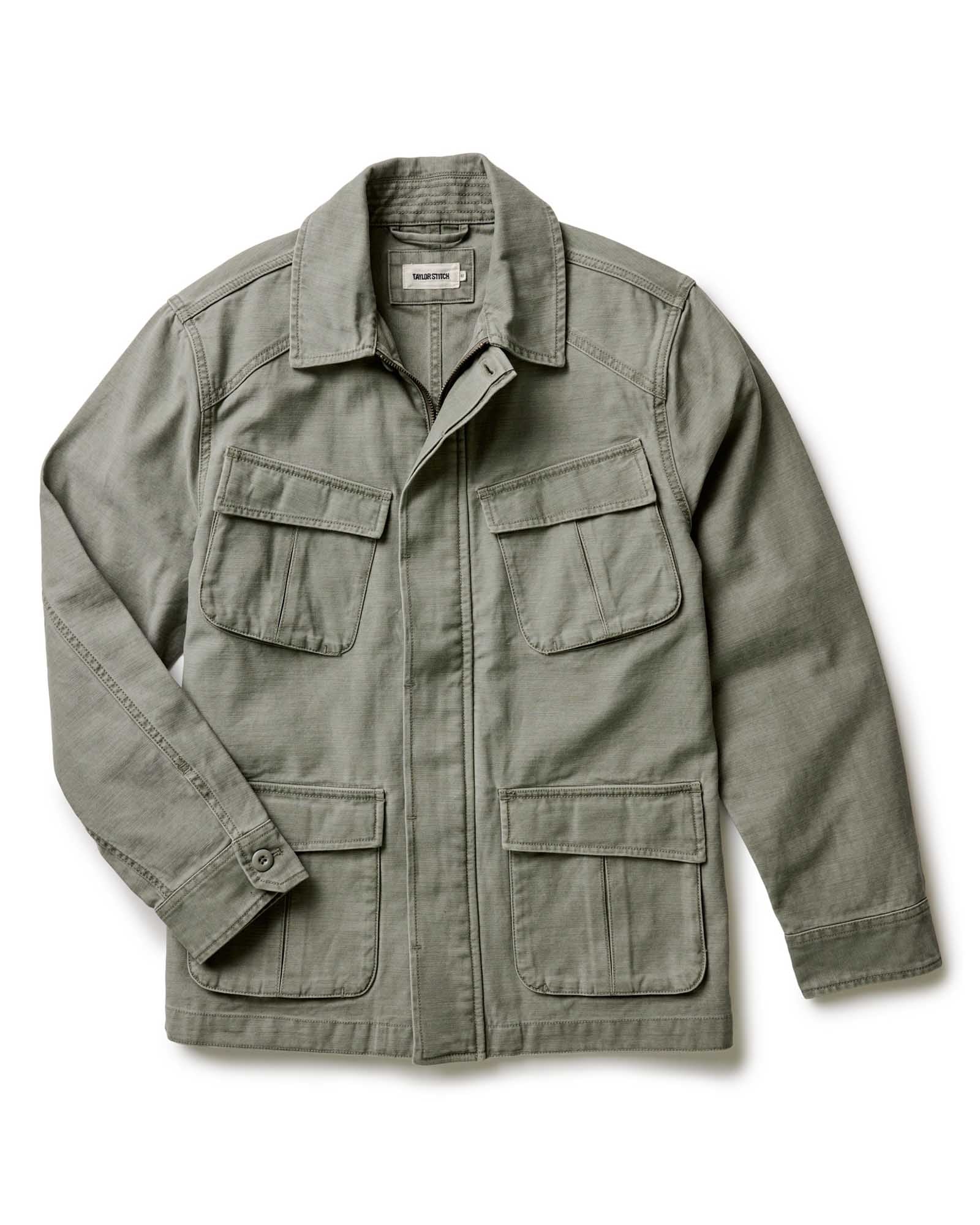 flatlay of The Surplus Jacket in Field Olive Reverse Sateen, Outerwear by Taylor Stitch