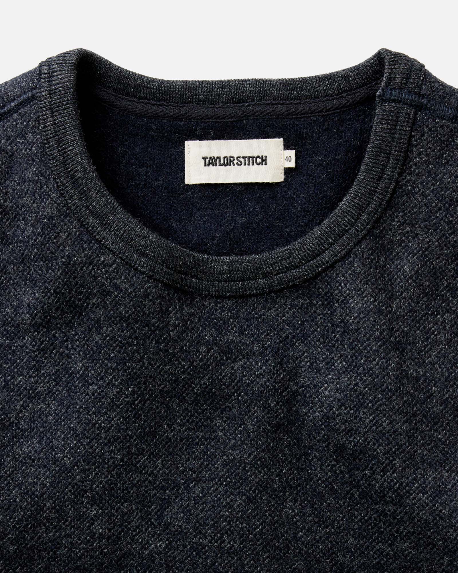 material shot of the collar on The Evans Crew in Navy Birdseye Wool, Knits by Taylor Stitch