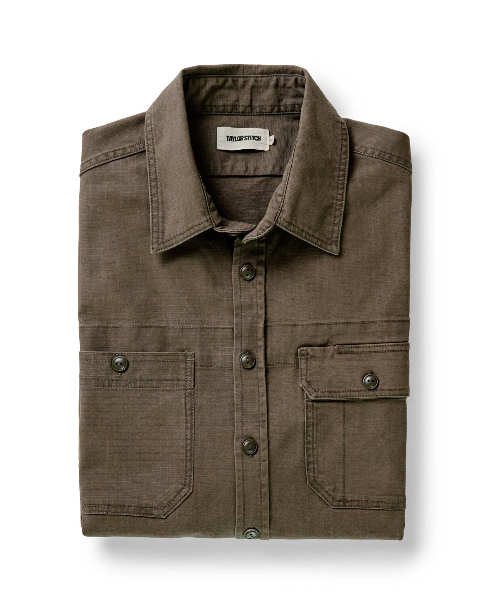 folded flatlay of The Field Overshirt in Mushroom Ripstop, Wovens by Taylor Stitch