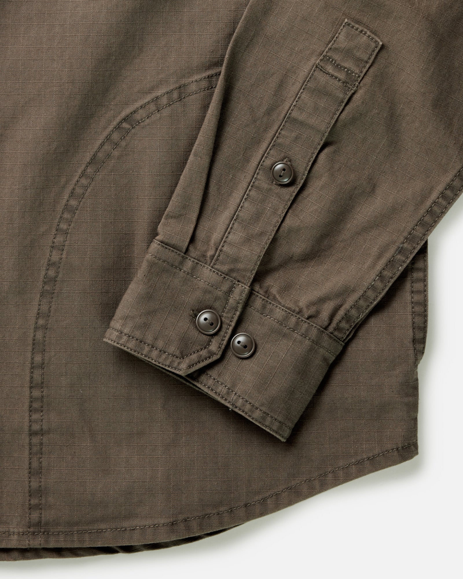 material shot of the cuff on The Field Overshirt in Mushroom Ripstop, Wovens by Taylor Stitch
