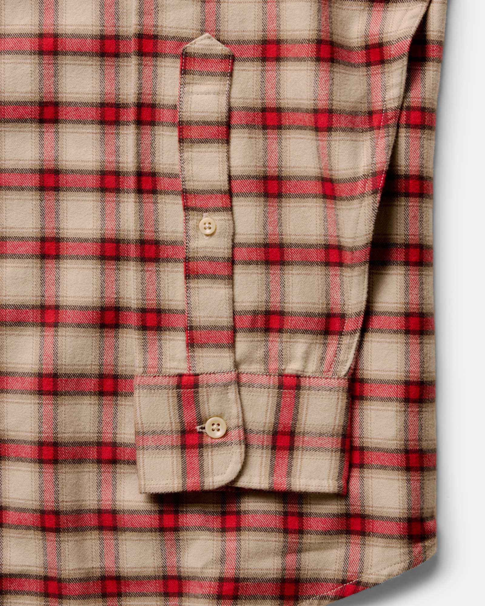 material shot of the sleeve on The Jack in Cardinal Plaid Flannel, Wovens by Taylor Stitch