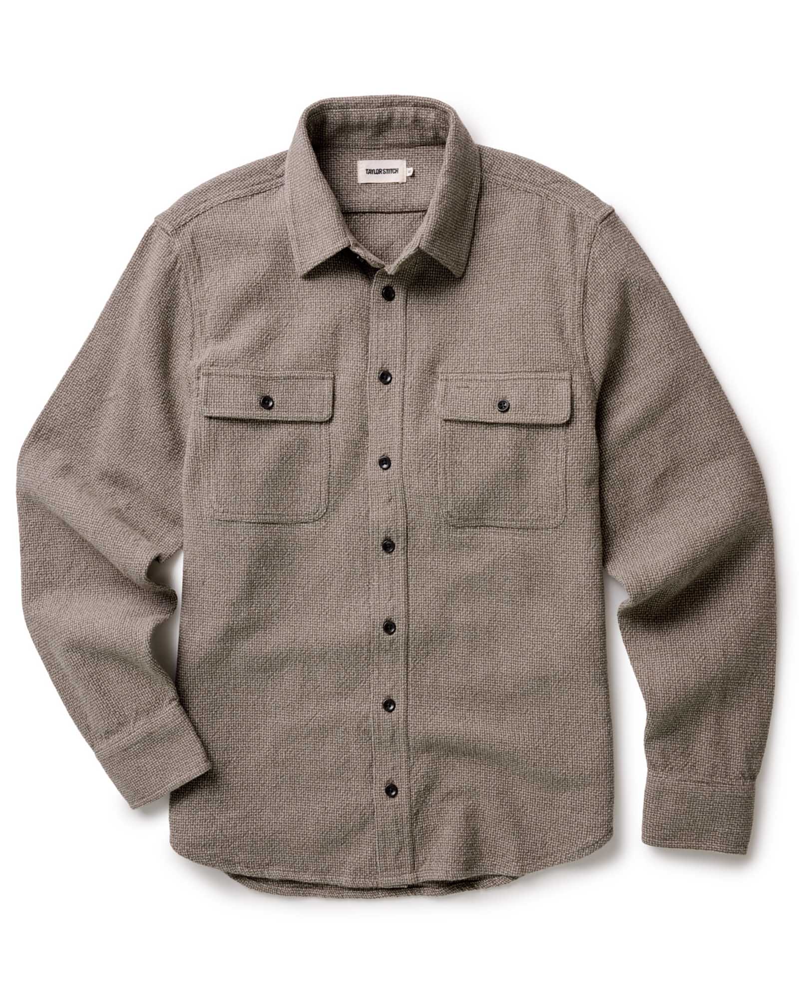 flatlay of The Ledge Shirt in Army Linen Tweed, Wovens by Taylor Stitch