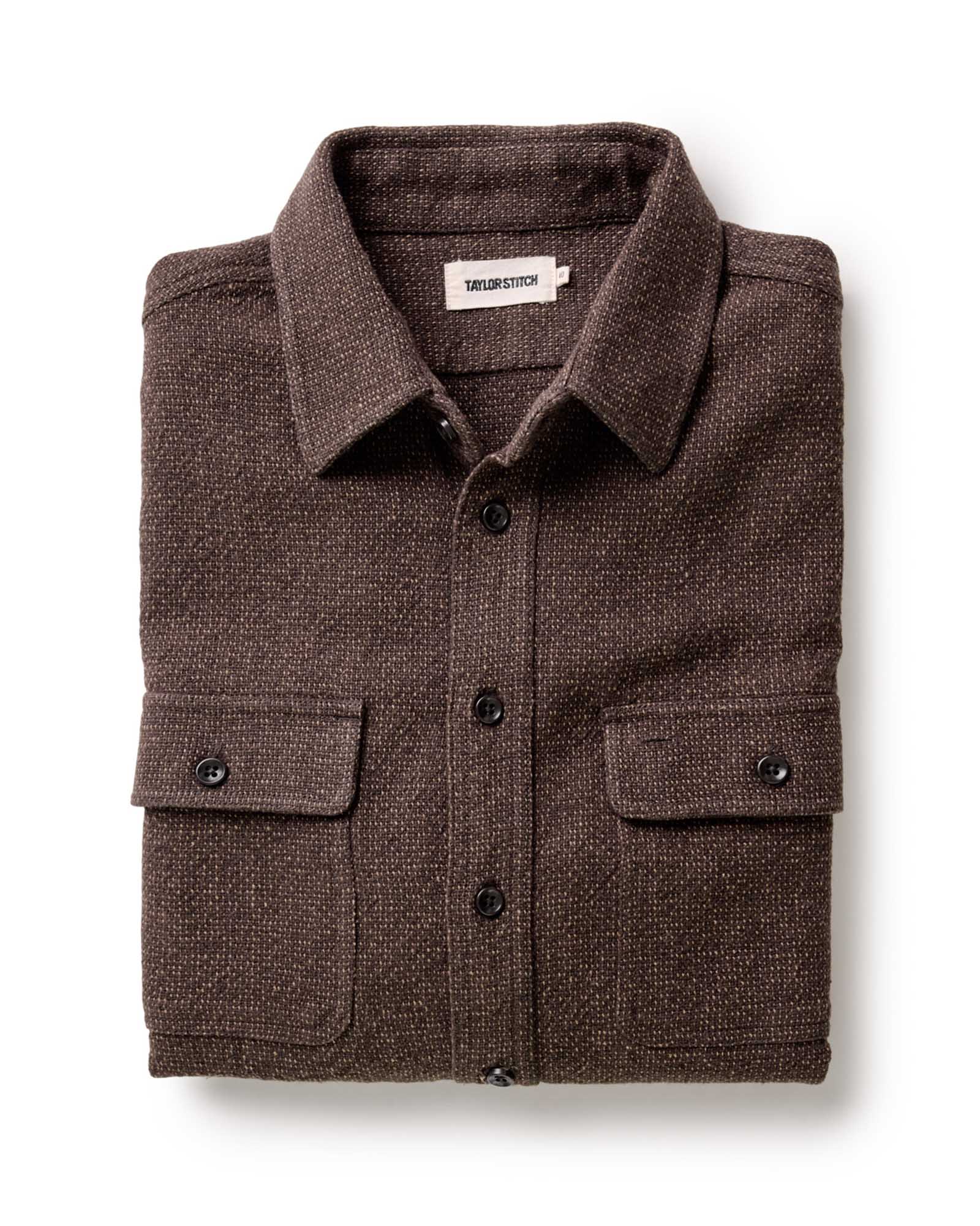 folded flatlay of The Ledge Shirt in Black Coffee Linen Tweed, Wovens by Taylor Stitch