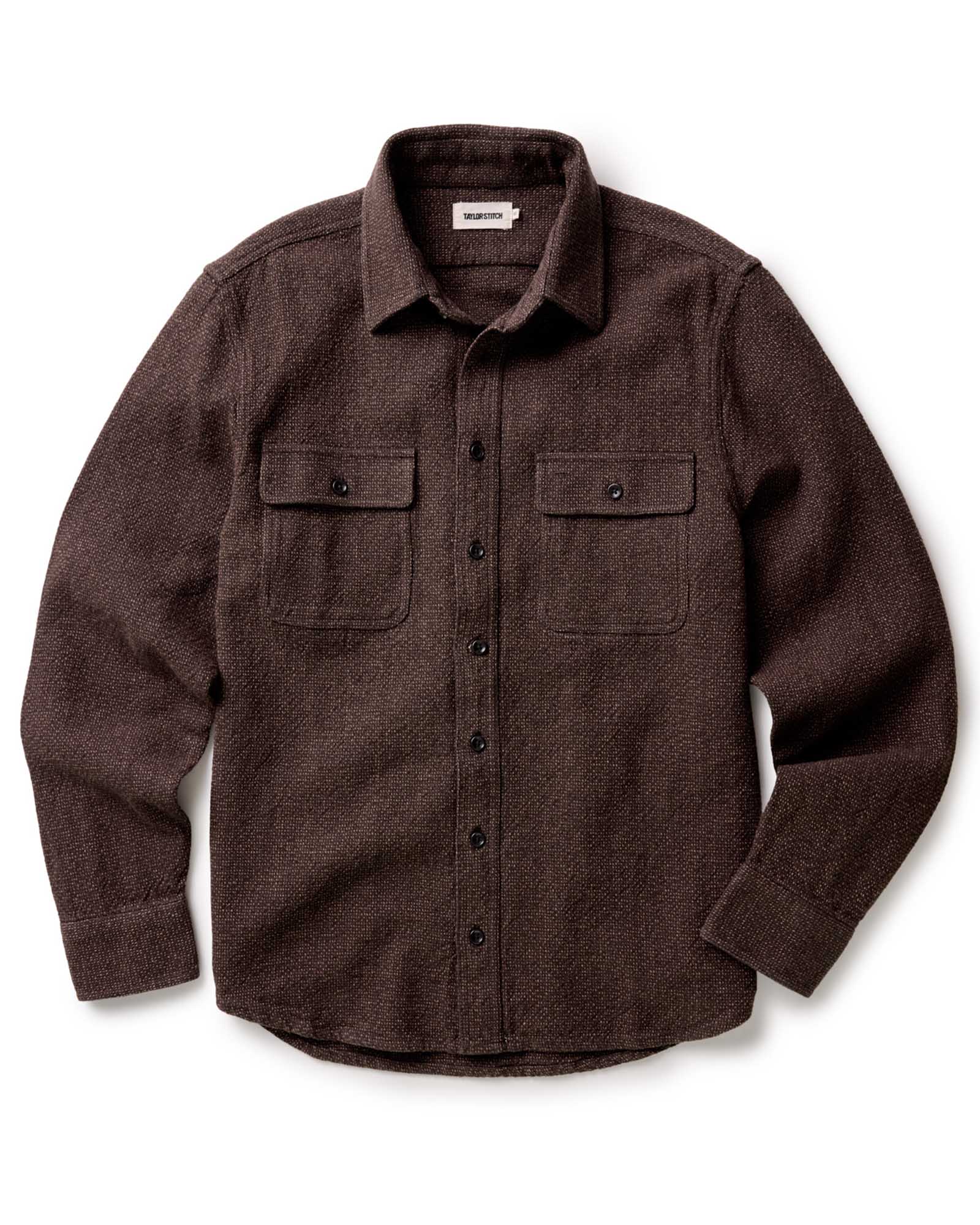 flatlay of The Ledge Shirt in Black Coffee Linen Tweed, Wovens by Taylor Stitch