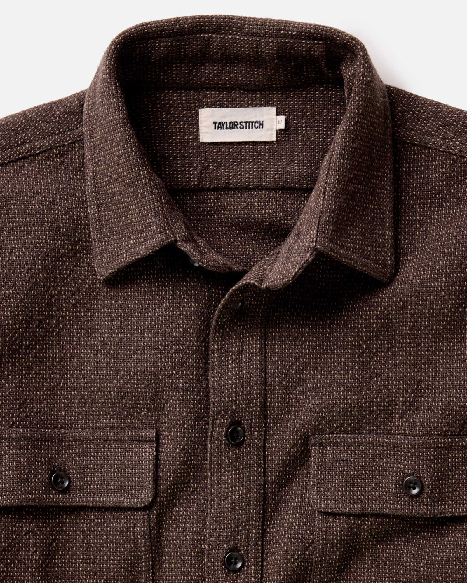 material shot of the collar on The Ledge Shirt in Black Coffee Linen Tweed, Wovens by Taylor Stitch