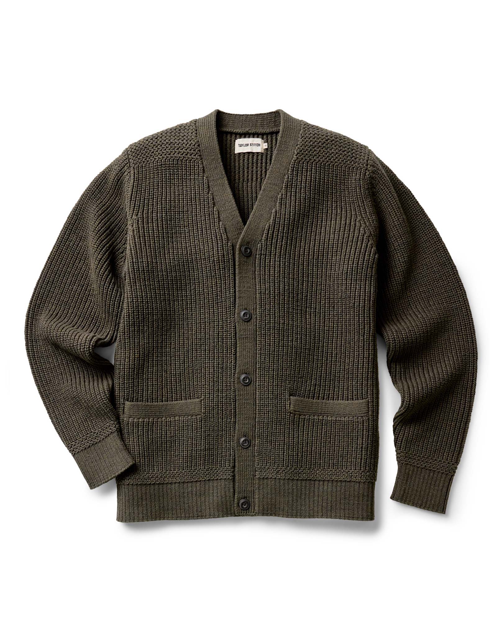 flatlay of The Mariner Cardigan in Heather Loden Slub, Knits by Taylor Stitch