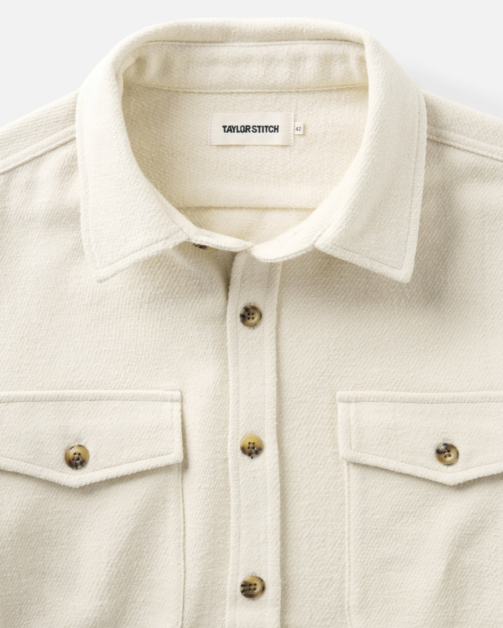 material shot of the collar on The Maritime Shirt Jacket in Vintage White Moleskin Twill, Outerwear by Taylor Stitch