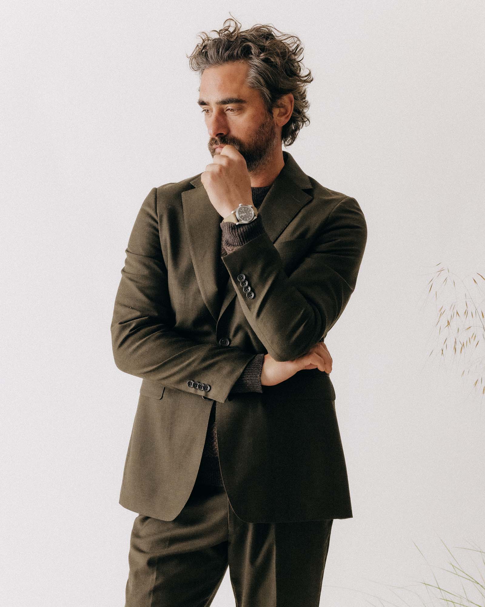 fit model showing off The Stevens Sportcoat in Black Olive Wool Flannel, Outerwear by Taylor Stitch
