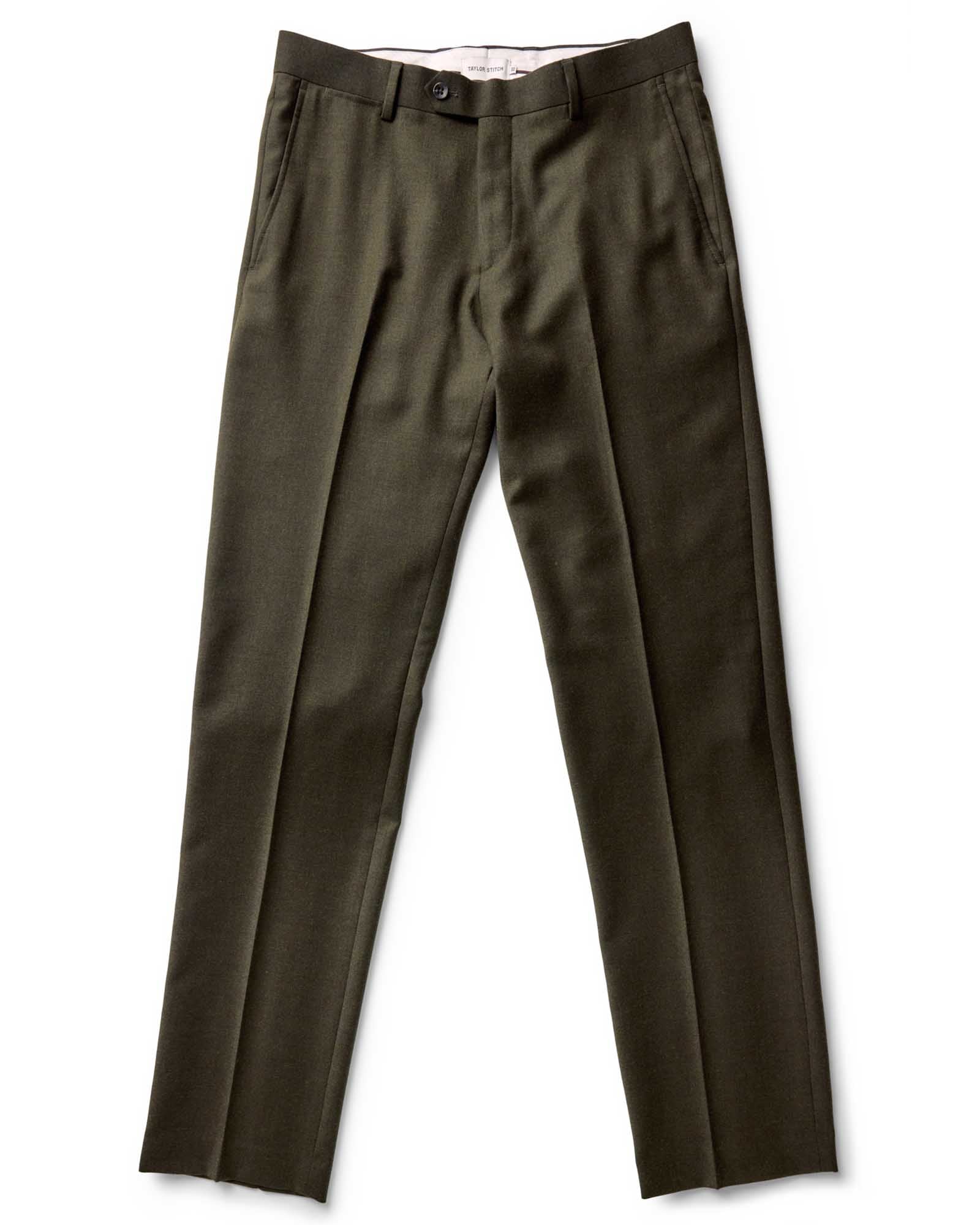 flatlay of The Stevens Trouser in Black Olive Wool Flannel, Bottoms by Taylor Stitch