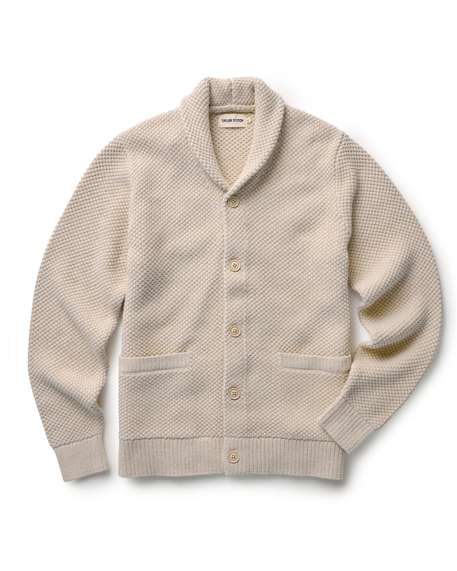 flatlay of The Crawford Cardigan Sweater in Marled Natural, Knits by Taylor Stitch