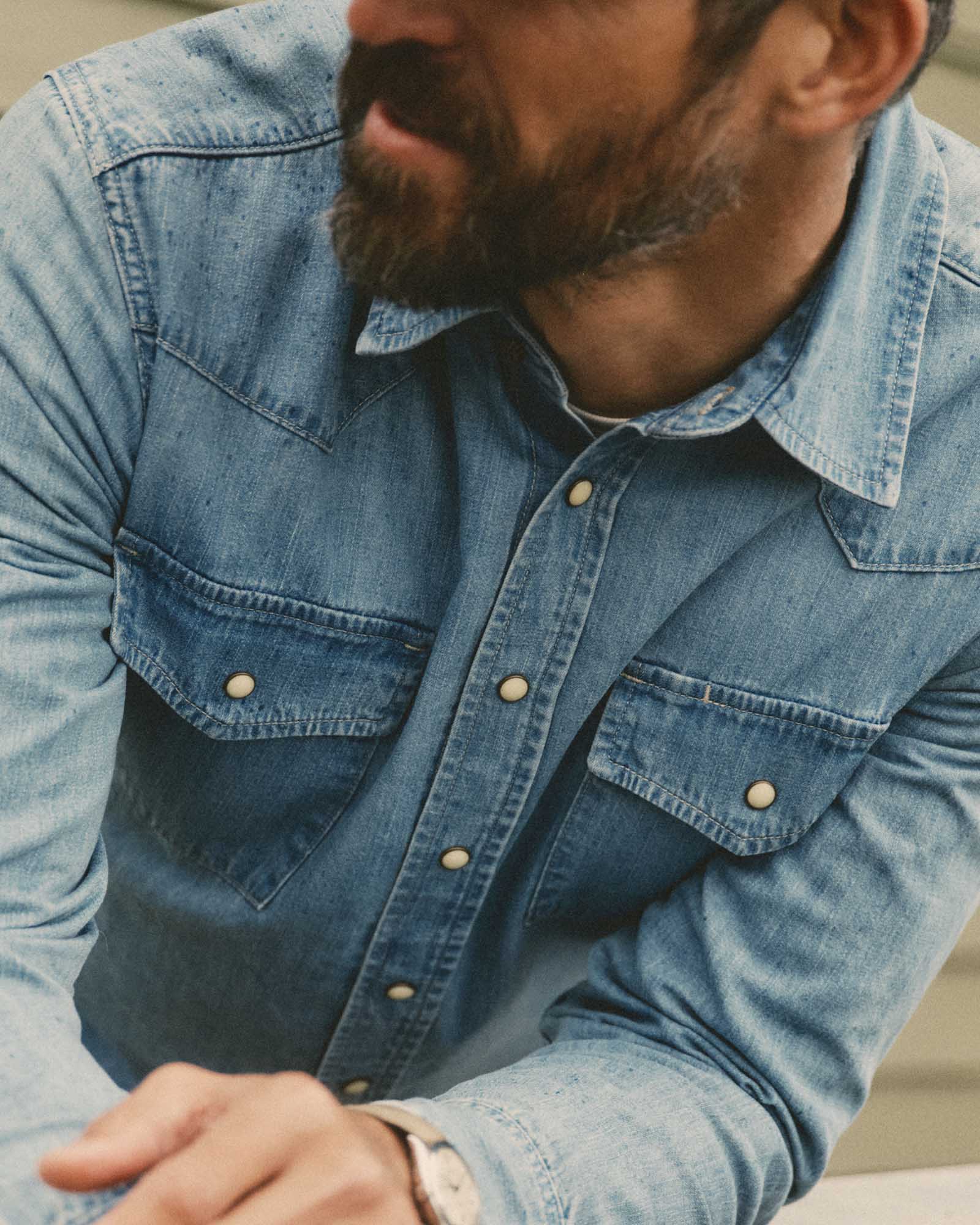 fit model showing of the collar on The Glacier Shirt in Washed Indigo Denim, Wovens by Taylor Stitch