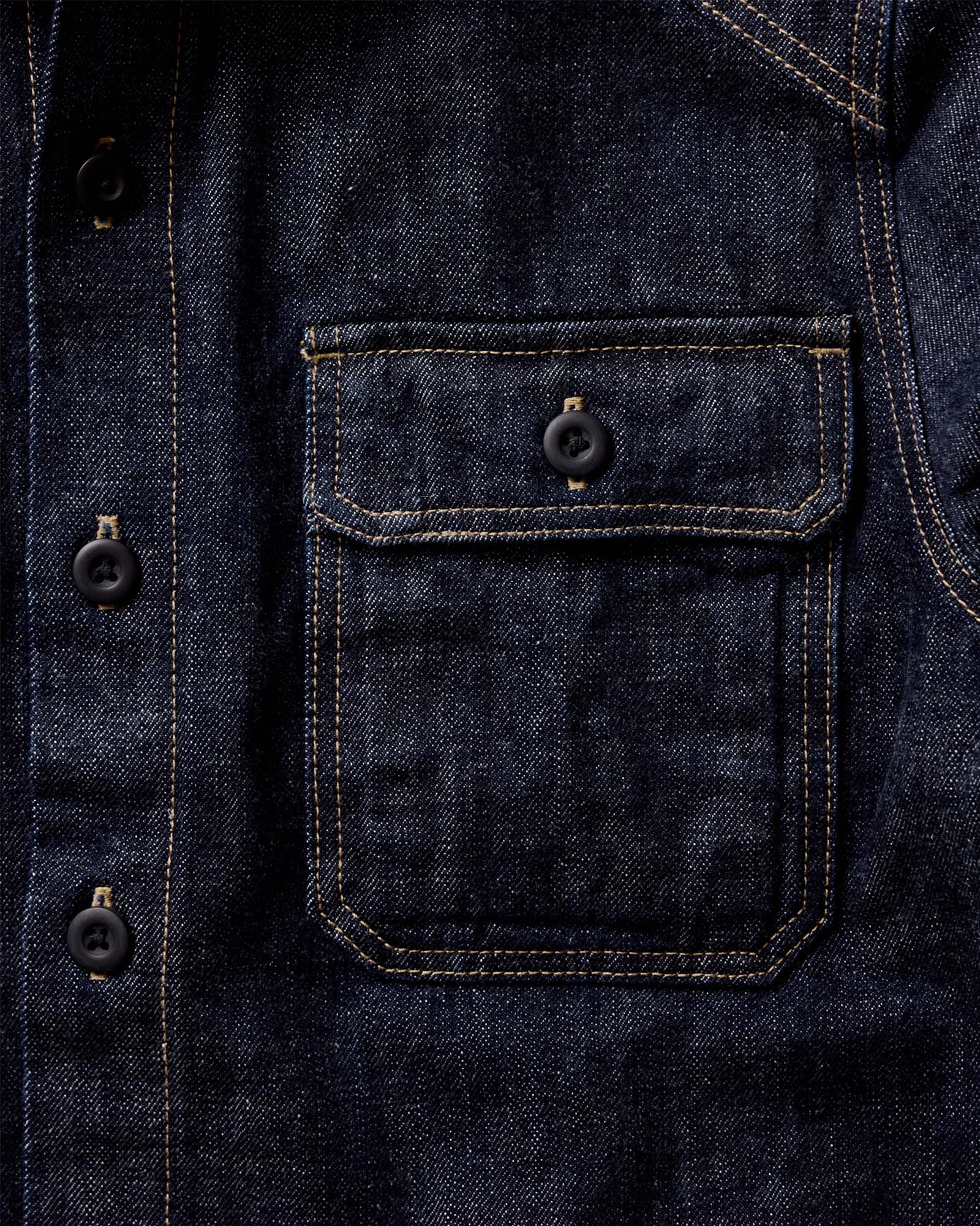 material shot of the pockets on The Shop Shirt in Rinsed Indigo Selvedge, Wovens by Taylor Stitch