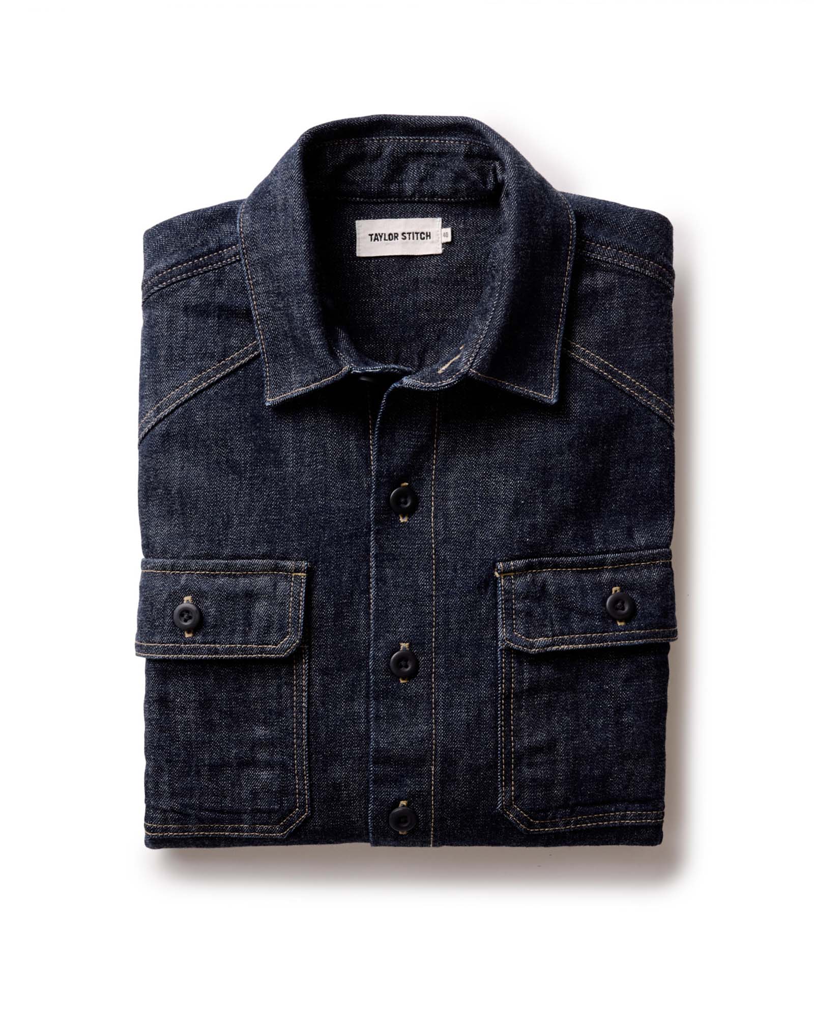 material shot of the The Shop Shirt in Rinsed Indigo Selvedge folded, Wovens by Taylor Stitch