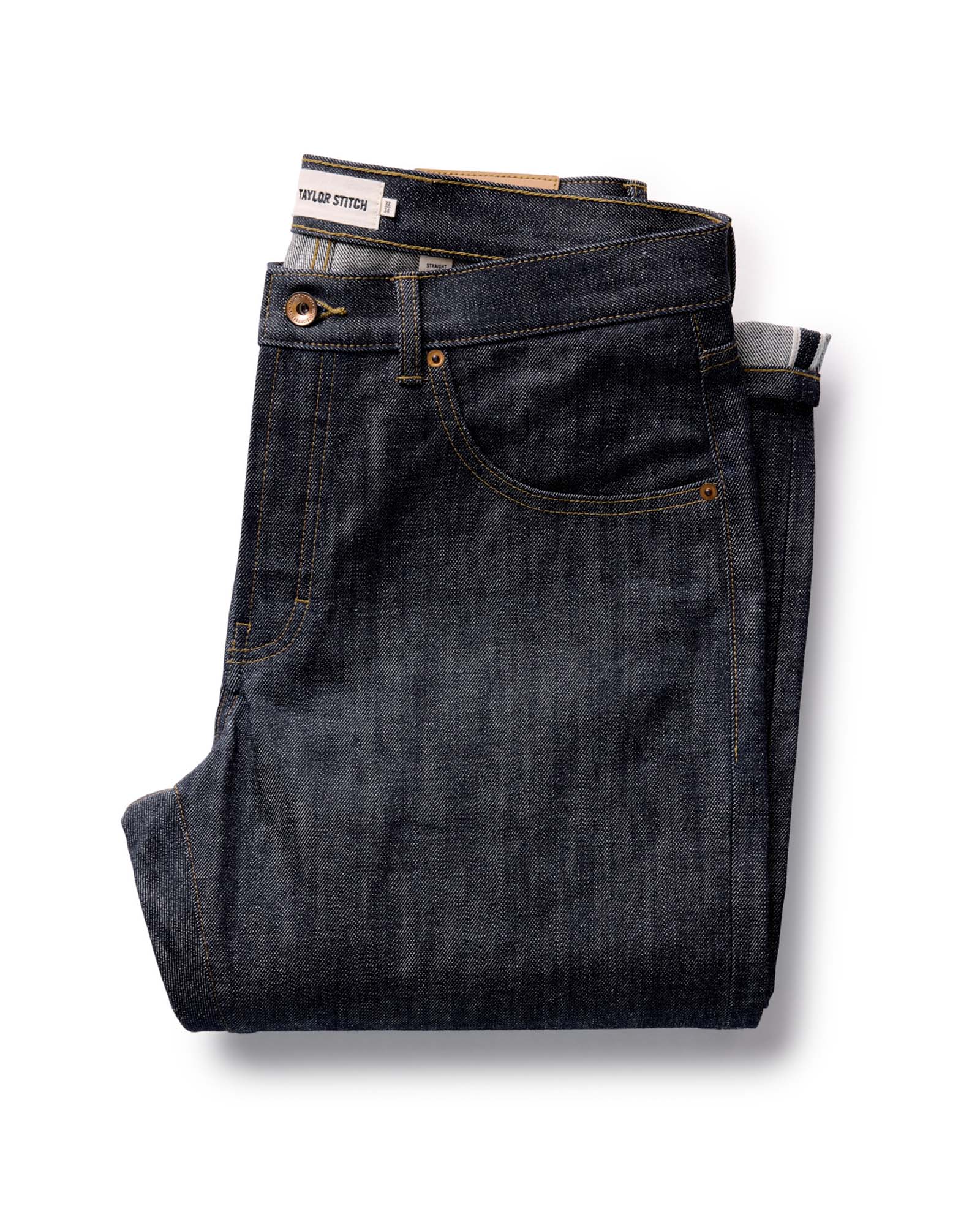 folded flatlay of The Straight Jean in Rigid Organic Selvedge, Bottoms by Taylor Stitch