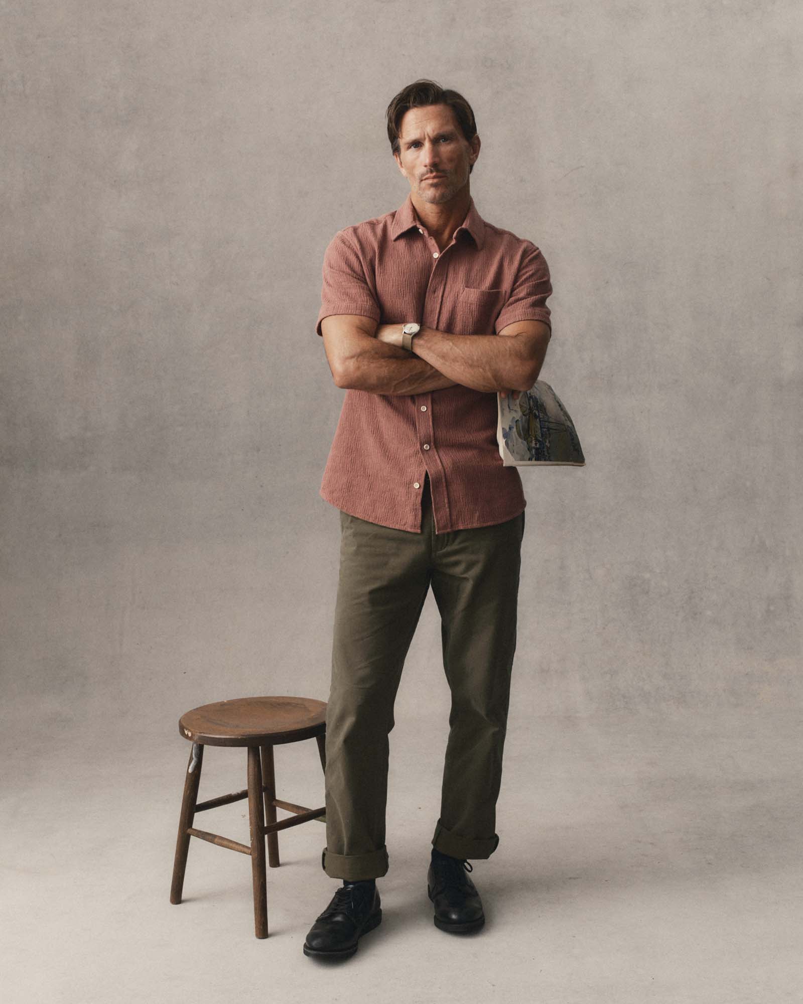 fit model posing in The Short Sleeve California in Redwood Hacci, Wovens by Taylor Stitch