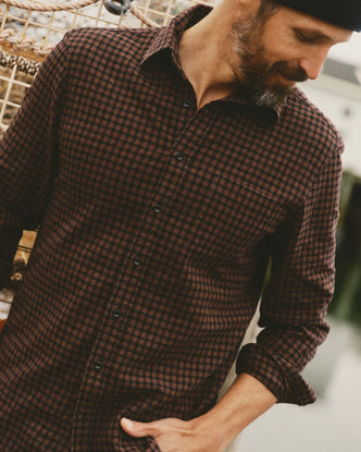 fit model showing off The California Shirt in Black Cherry Gingham