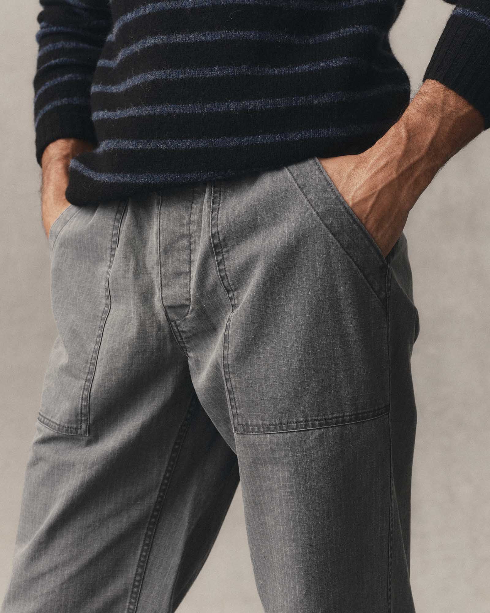 fit model showing off The Breakwater Pant in Dark Grey Ripstop, Bottoms by Taylor Stitch