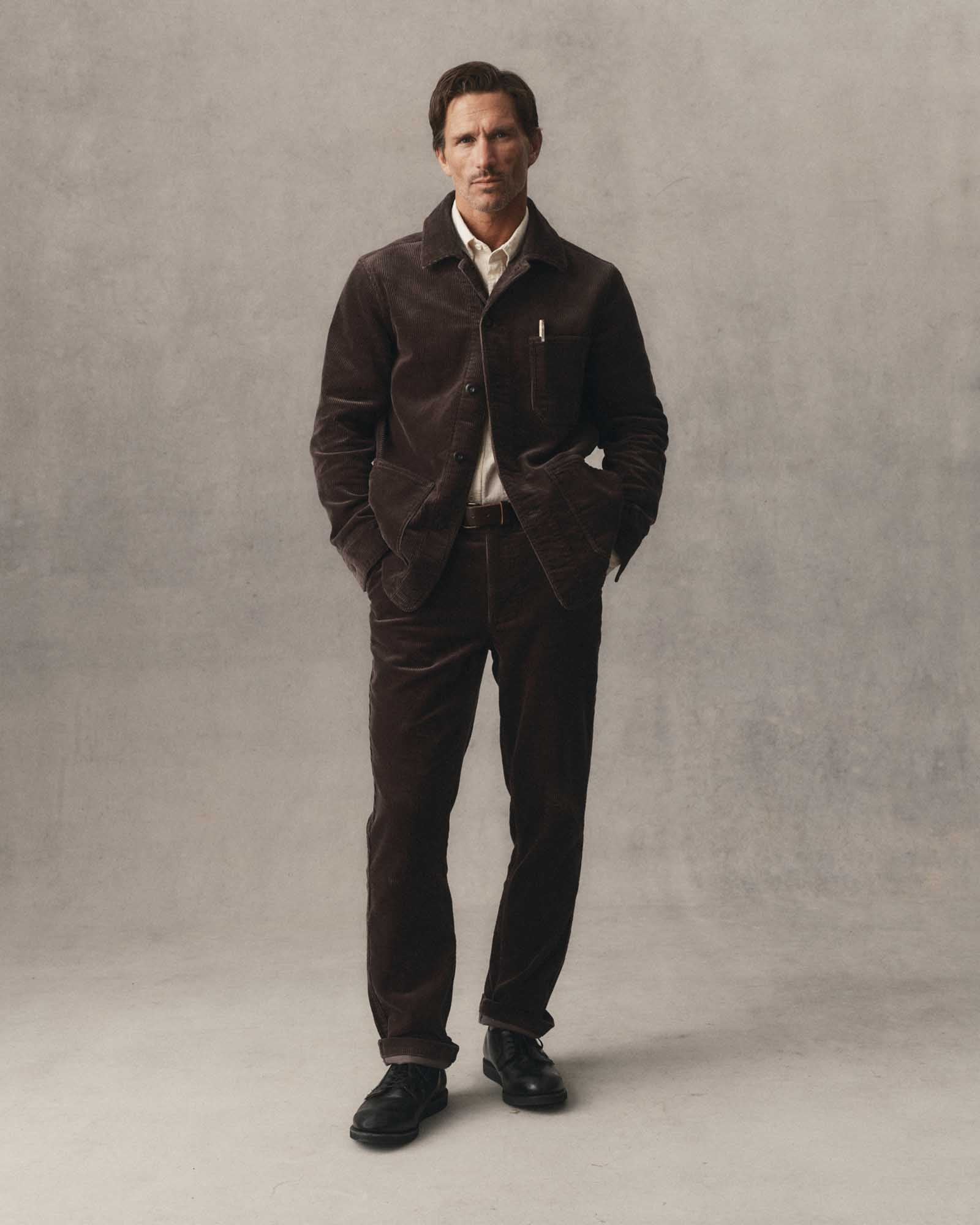 fit model showing off The Carnegie Pant in Soil Corduroy, Bottoms by Taylor Stitch