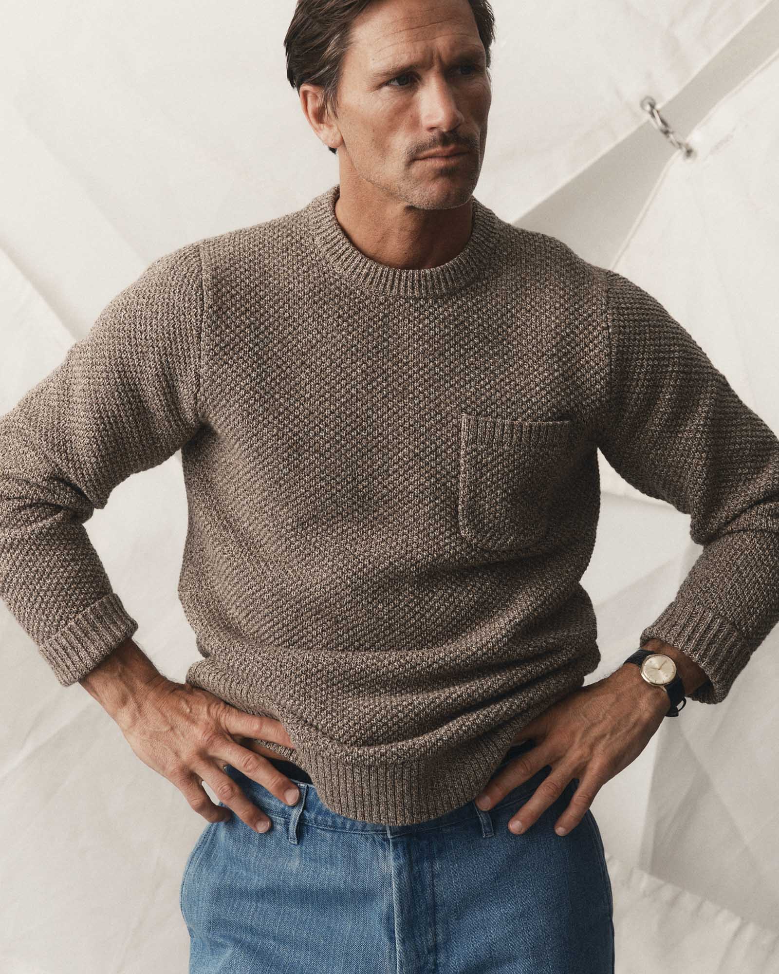 fit model showing off The Crawford Crew Sweater in Coffee Twist, Knits by Taylor Stitch