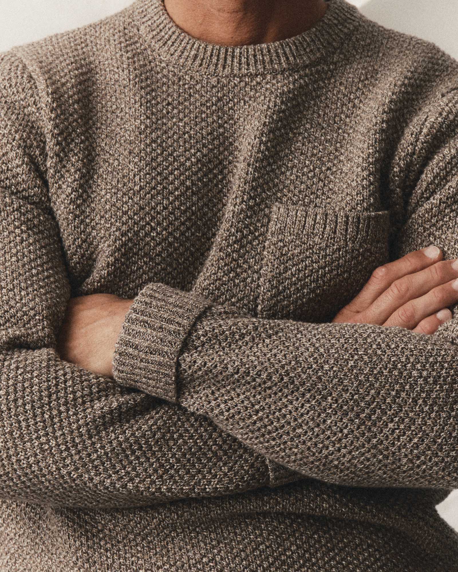 fit model with his arms crossed wearing The Crawford Crew Sweater in Coffee Twist, Knits by Taylor Stitch