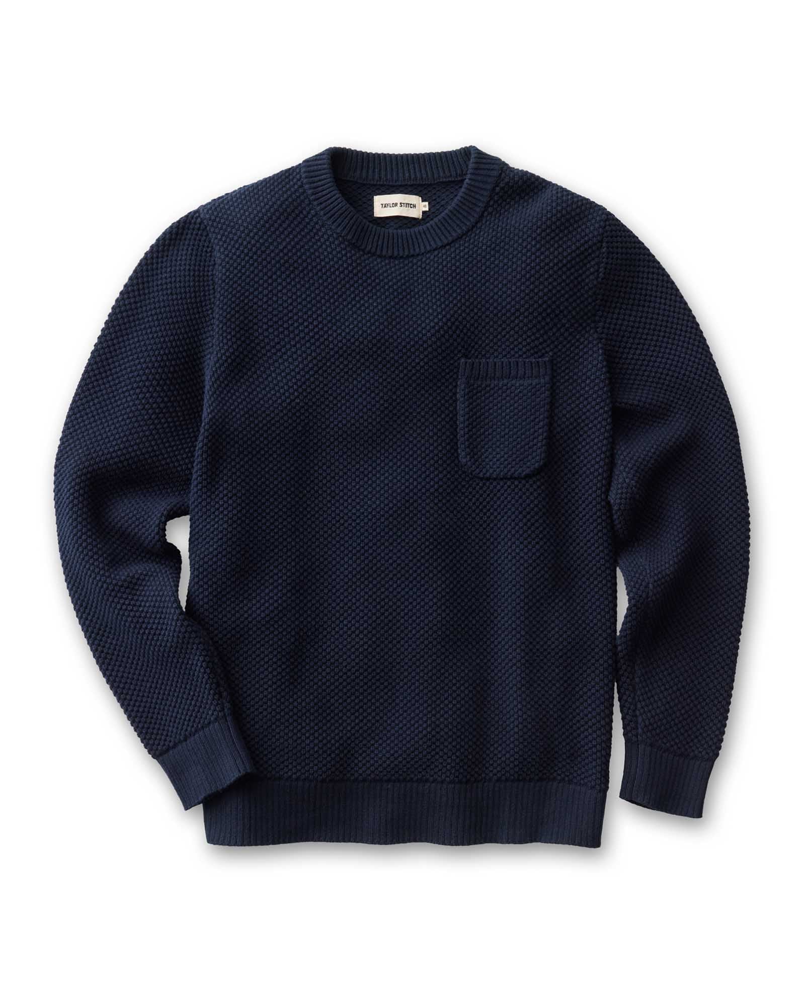 flatlay of The Crawford Crew Sweater in Navy, Sweaters by Taylor Stitch