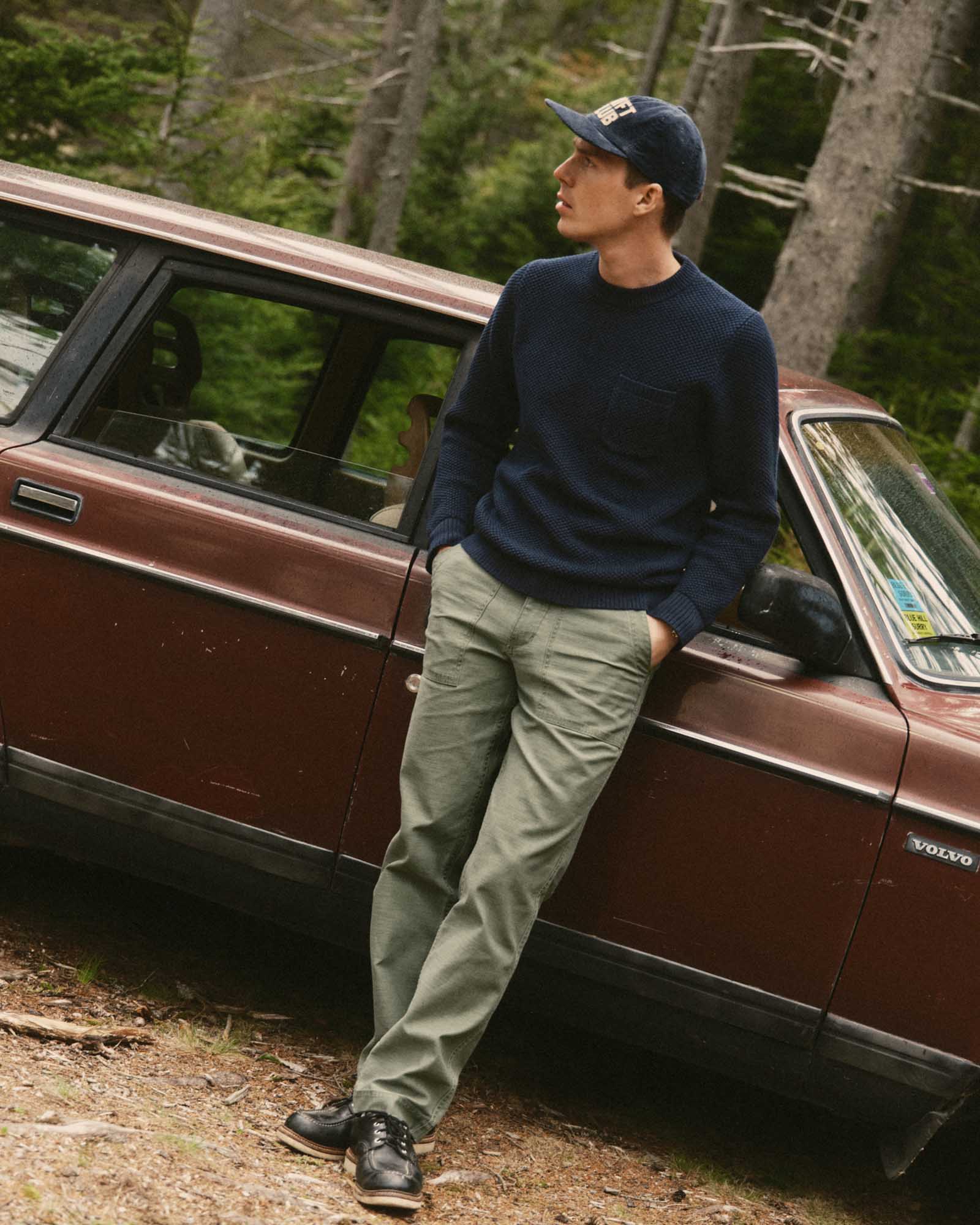 fit model wearing The Crawford Crew Sweater in Navy, Sweaters by Taylor Stitch