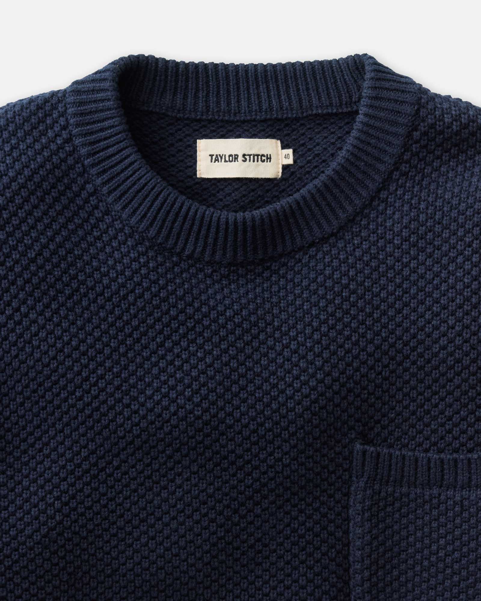 material shot of the collar on The Crawford Crew Sweater in Navy, Sweaters by Taylor Stitch