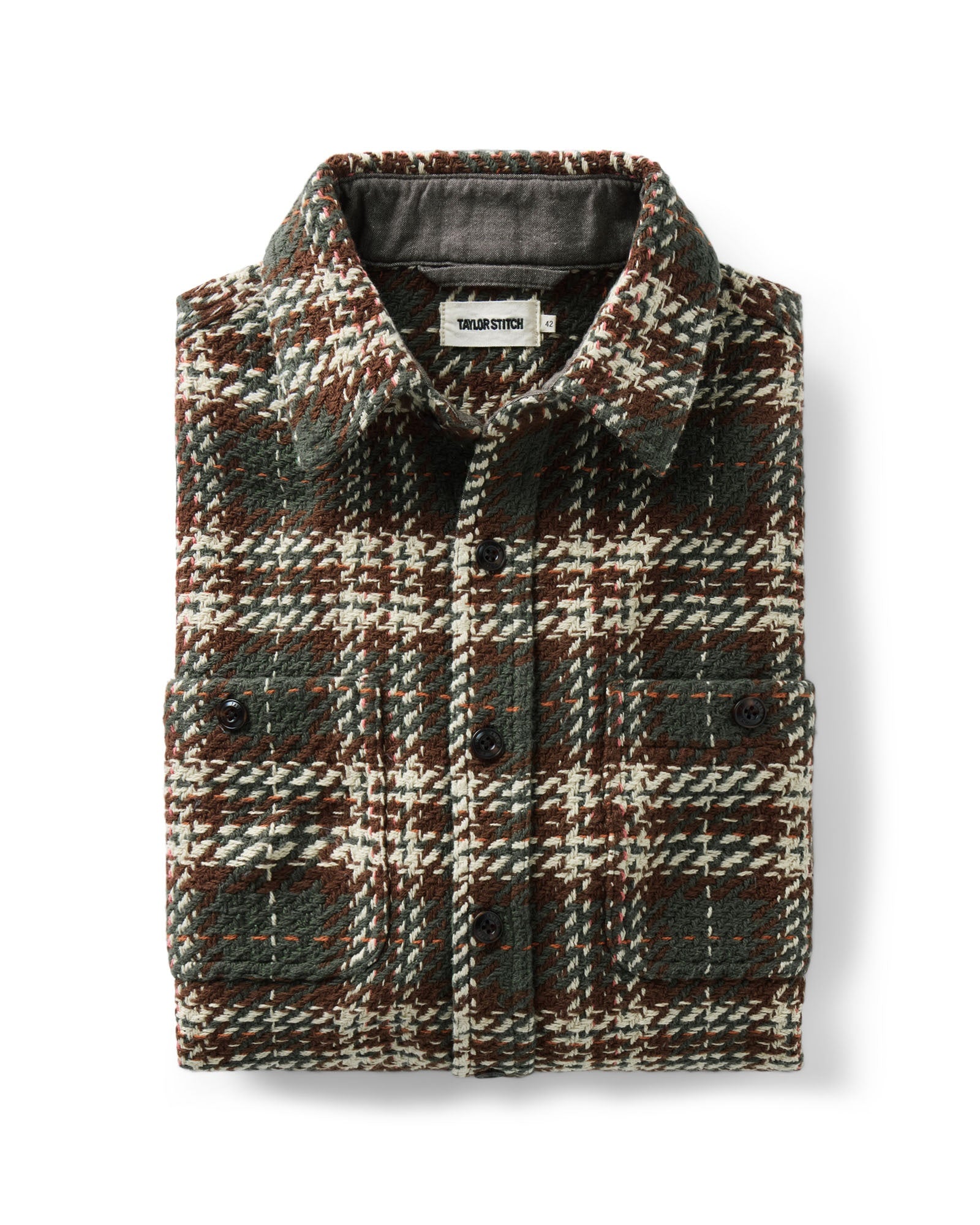 folded flatlay of The Cutter Overshirt in Buzzard Check, Wovens by Taylor Stitch