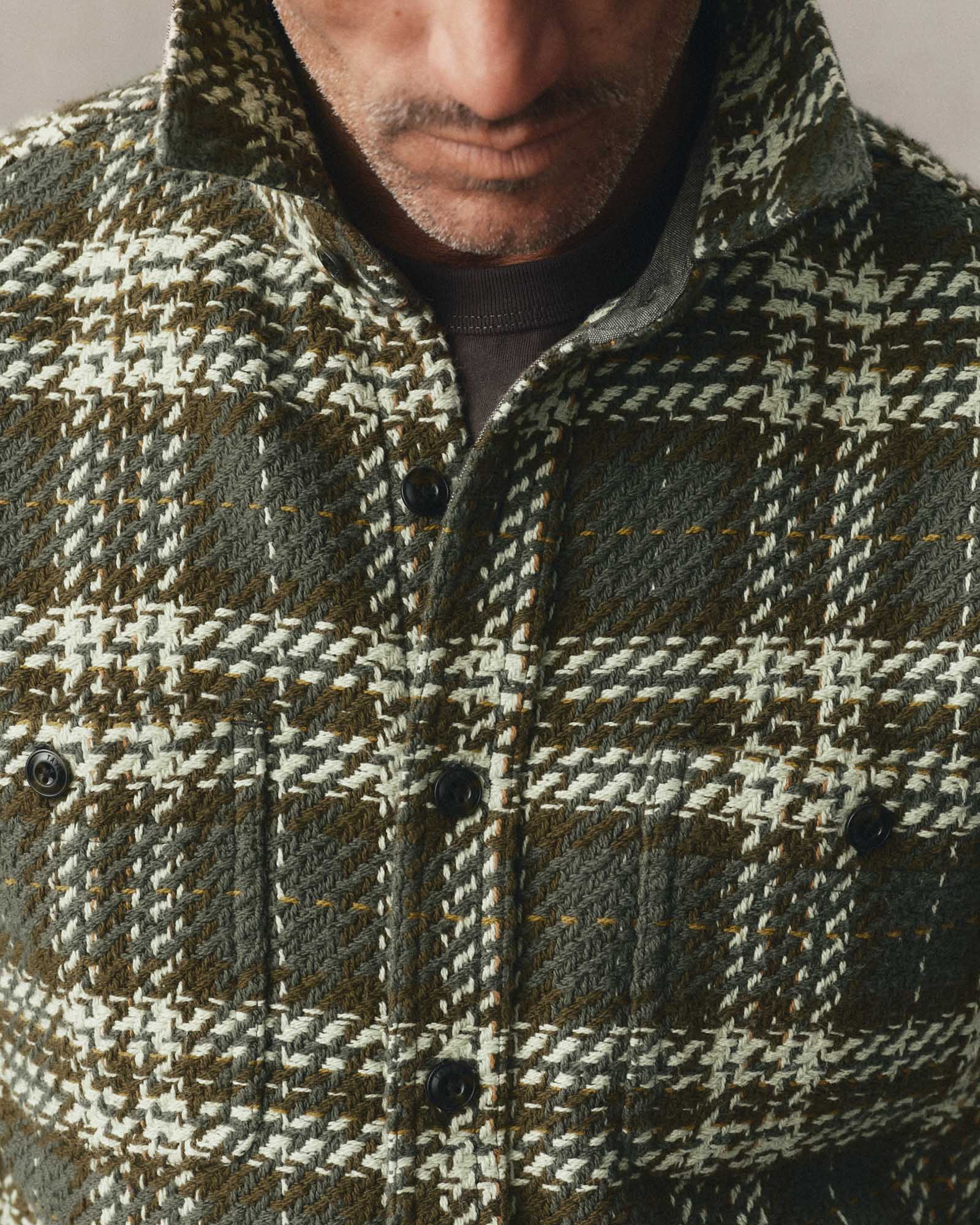 fit model showing off The Cutter Overshirt in Buzzard Check, Wovens by Taylor Stitch