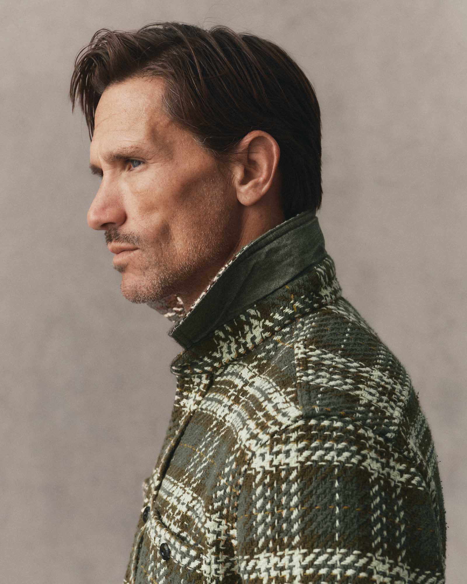 fit model showing off the collar on The Cutter Overshirt in Buzzard Check, Wovens by Taylor Stitch