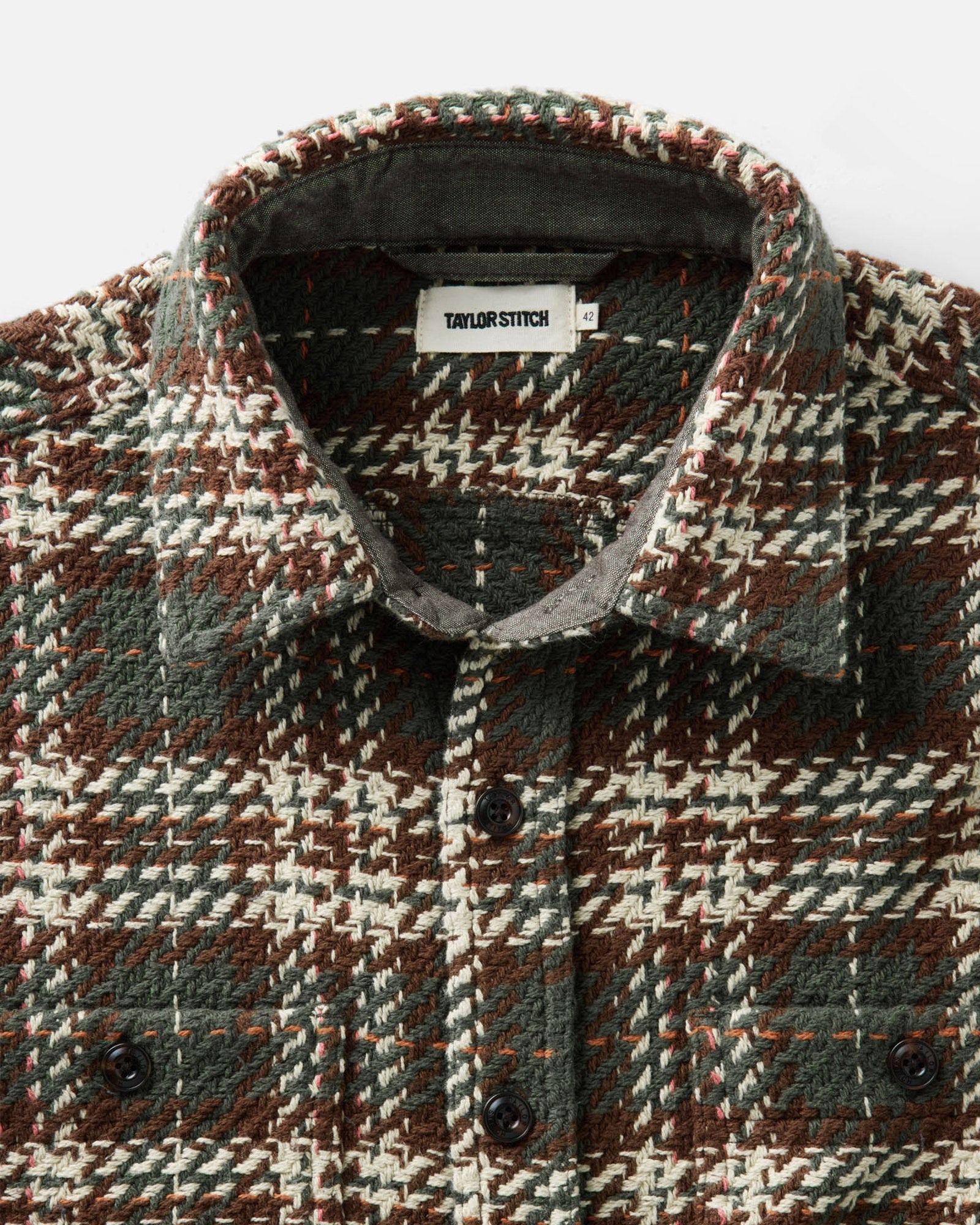 material shot of the collar on The Cutter Overshirt in Buzzard Check, Wovens by Taylor Stitch