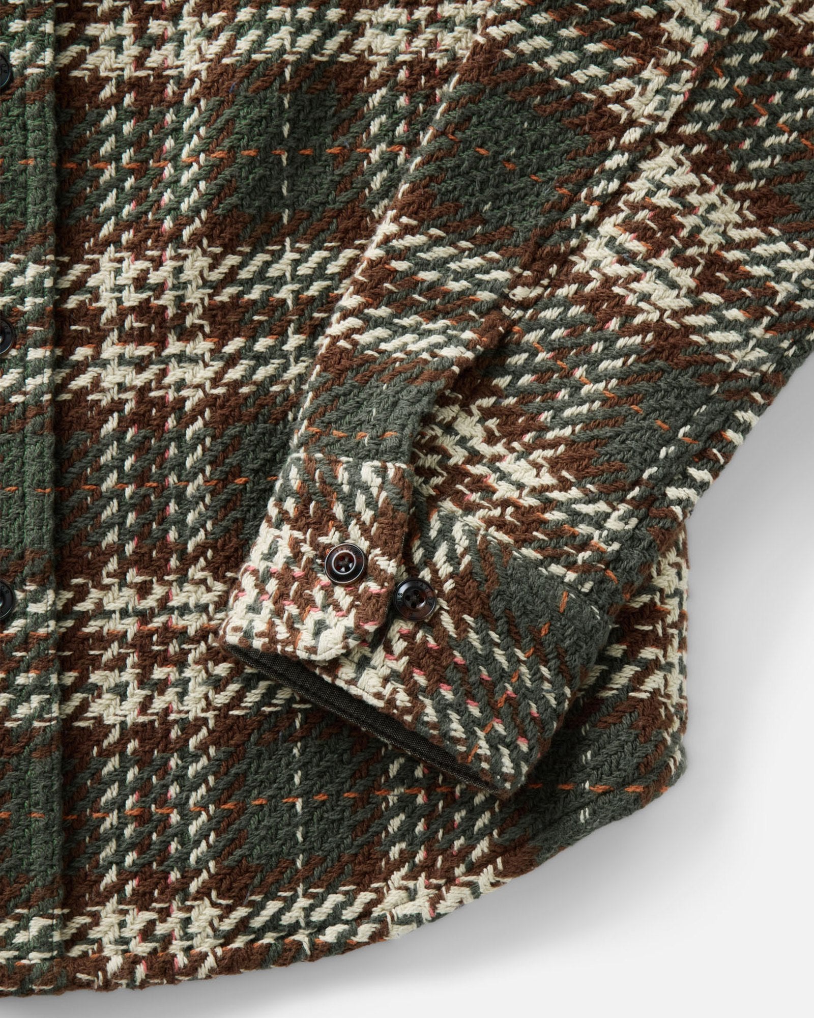 material shot of the sleeve on The Cutter Overshirt in Buzzard Check, Wovens by Taylor Stitch