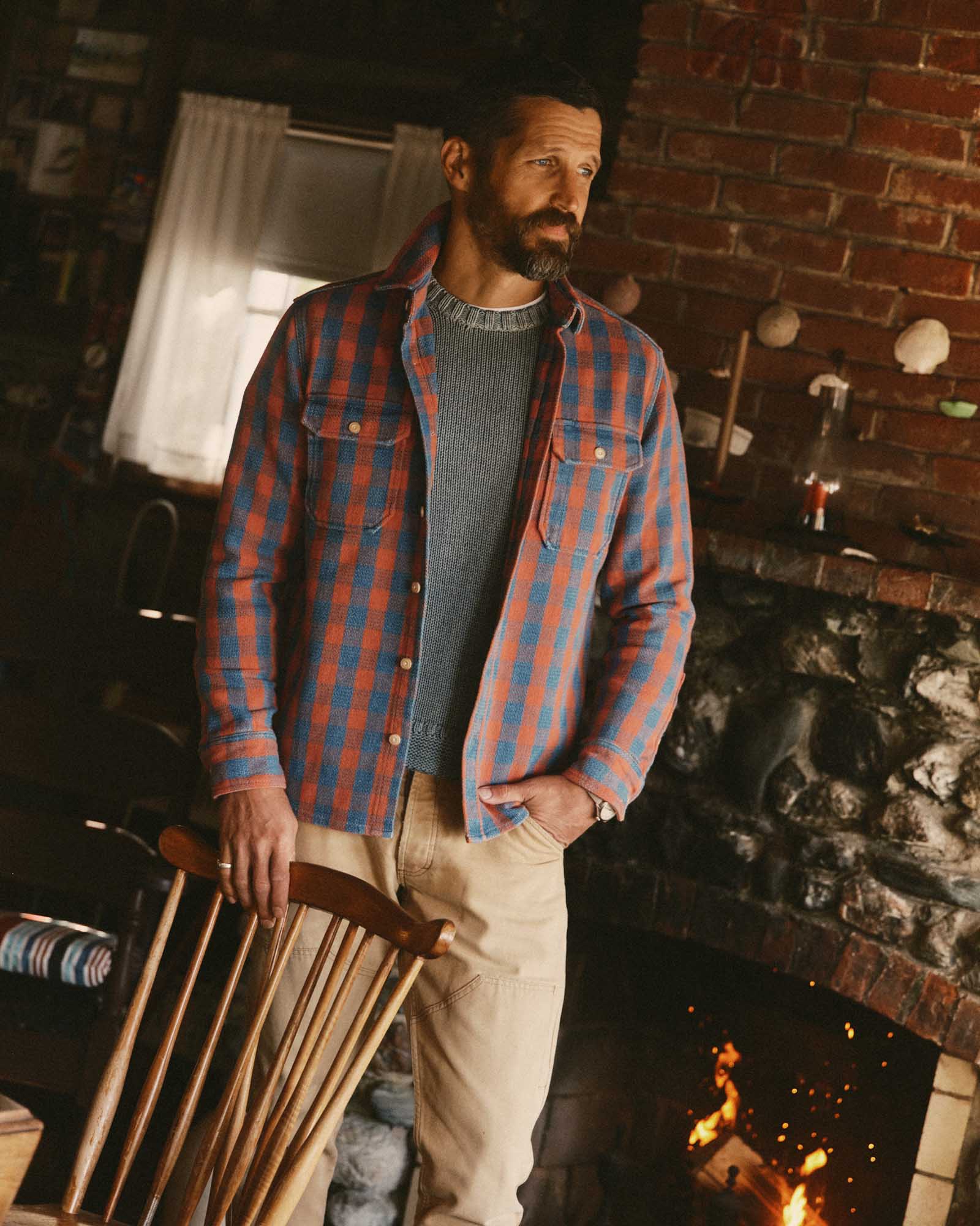 fit model posing in The Division Shirt in Sunset Check, Wovens by Taylor Stitch