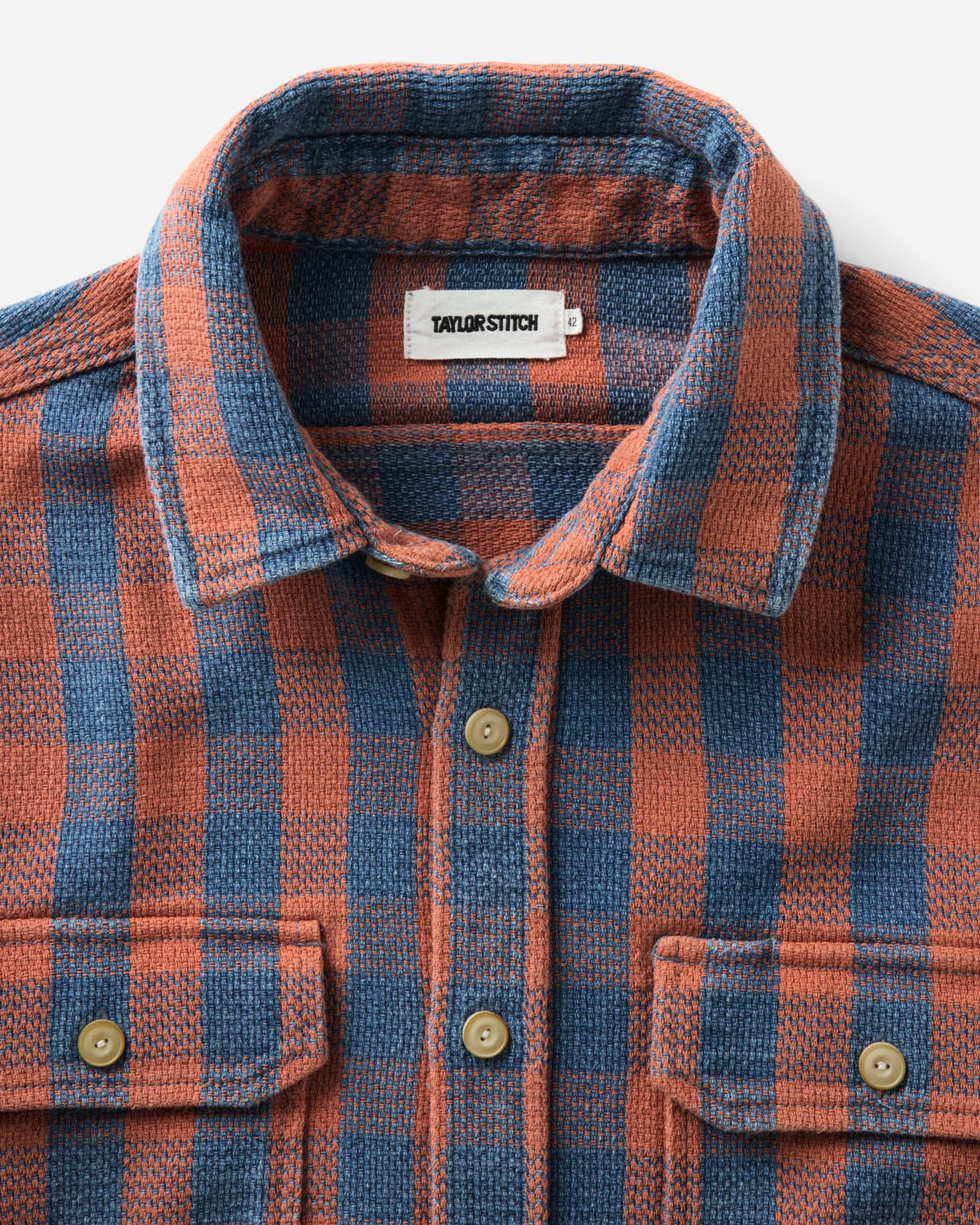 material shot of the collar on The Division Shirt in Sunset Check, Wovens by Taylor Stitch