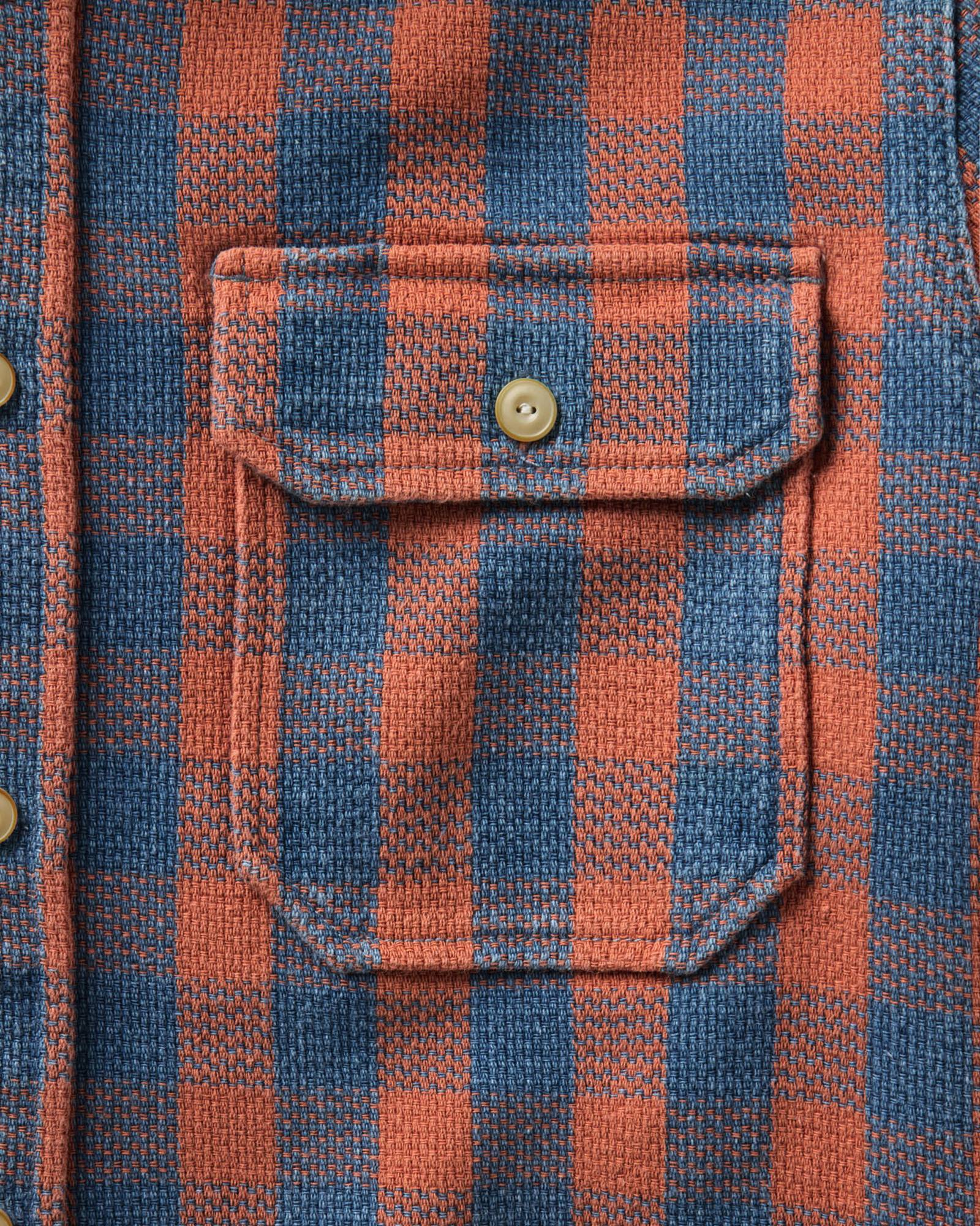 material shot of the pocket on The Division Shirt in Sunset Check, Wovens by Taylor Stitch