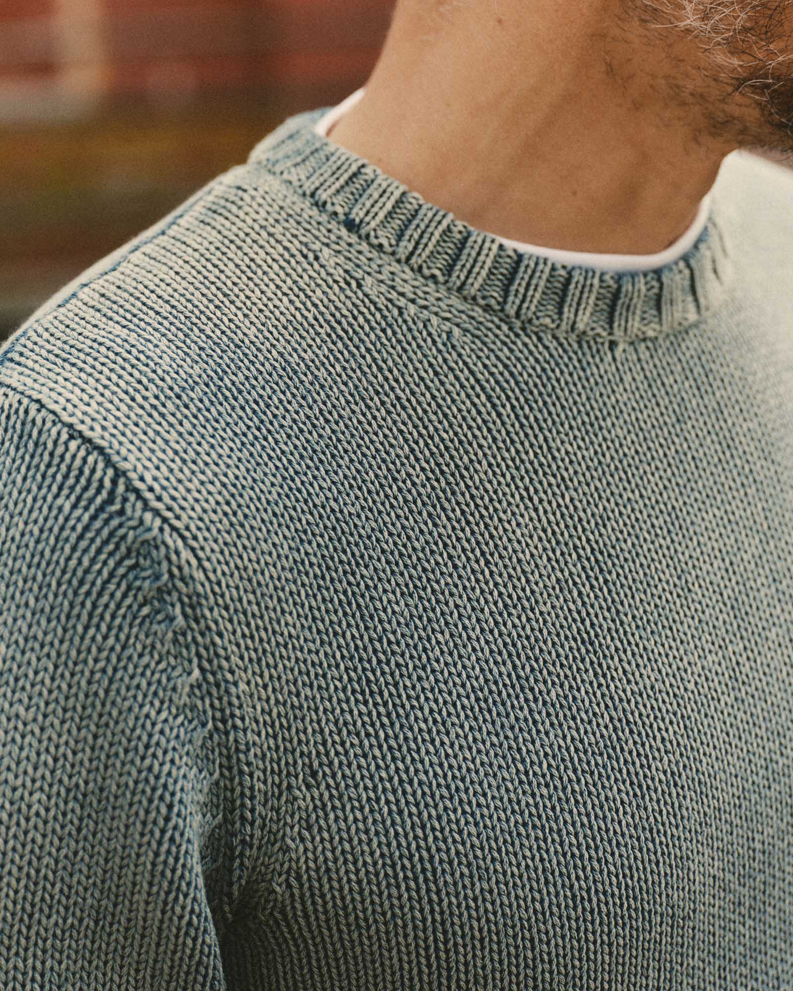 fit model showing off the collar on The Dory Crew Sweater in Washed Indigo, Knits by Taylor Stitch