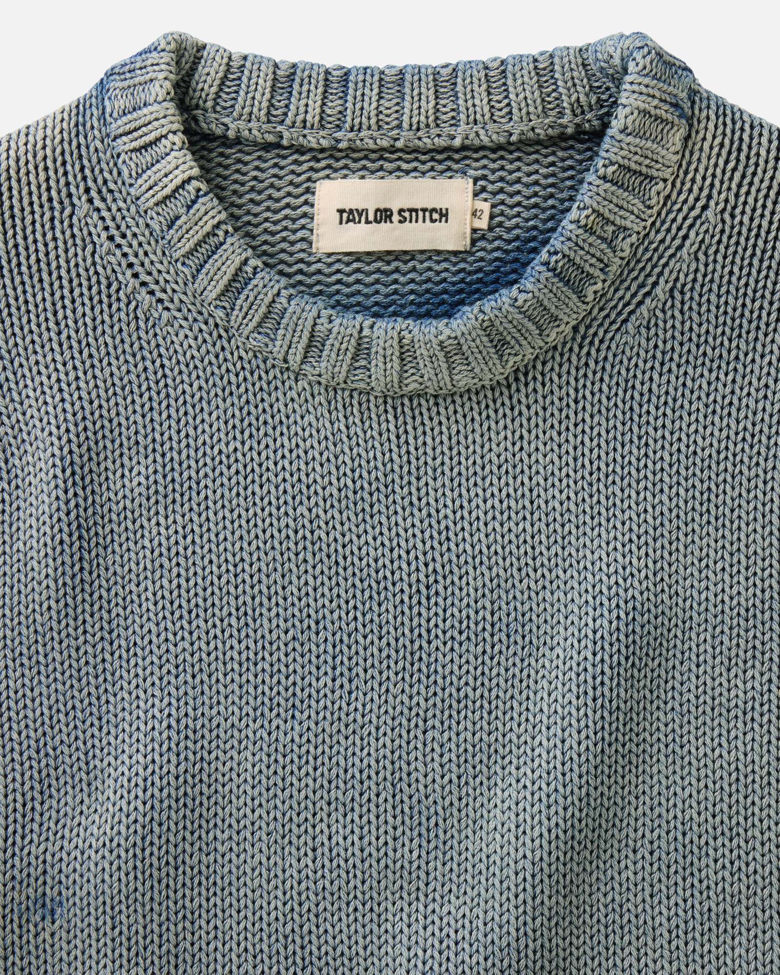 material shot of the collar on The Dory Crew Sweater in Washed Indigo, Knits by Taylor Stitch