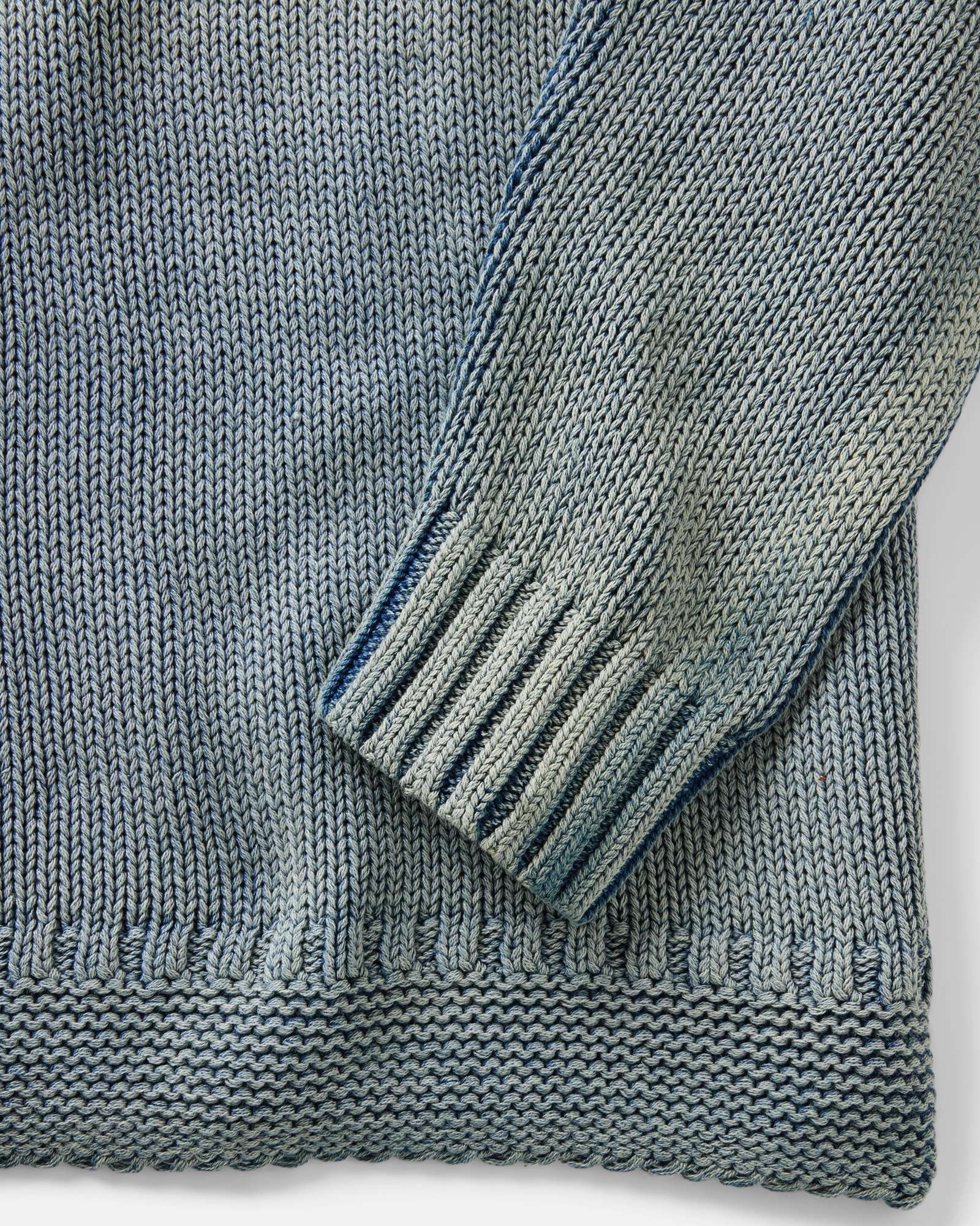 material shot of the sleeve on The Dory Crew Sweater in Washed Indigo, Knits by Taylor Stitch