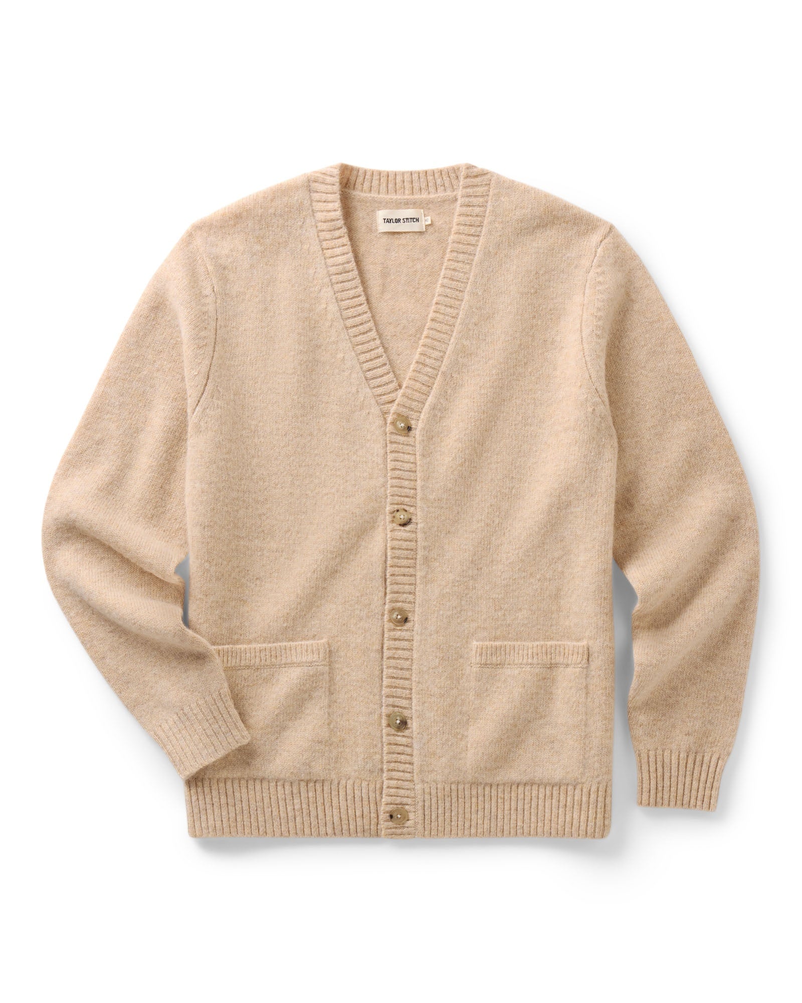 flatlay of The Eastmoor Cardigan in Oatmeal Wool, Knits by Taylor Stitch