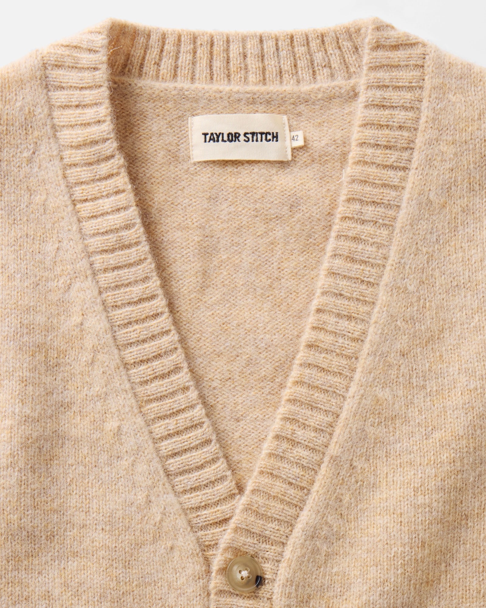 material shot of the collar on The Eastmoor Cardigan in Oatmeal Wool, Knits by Taylor Stitch