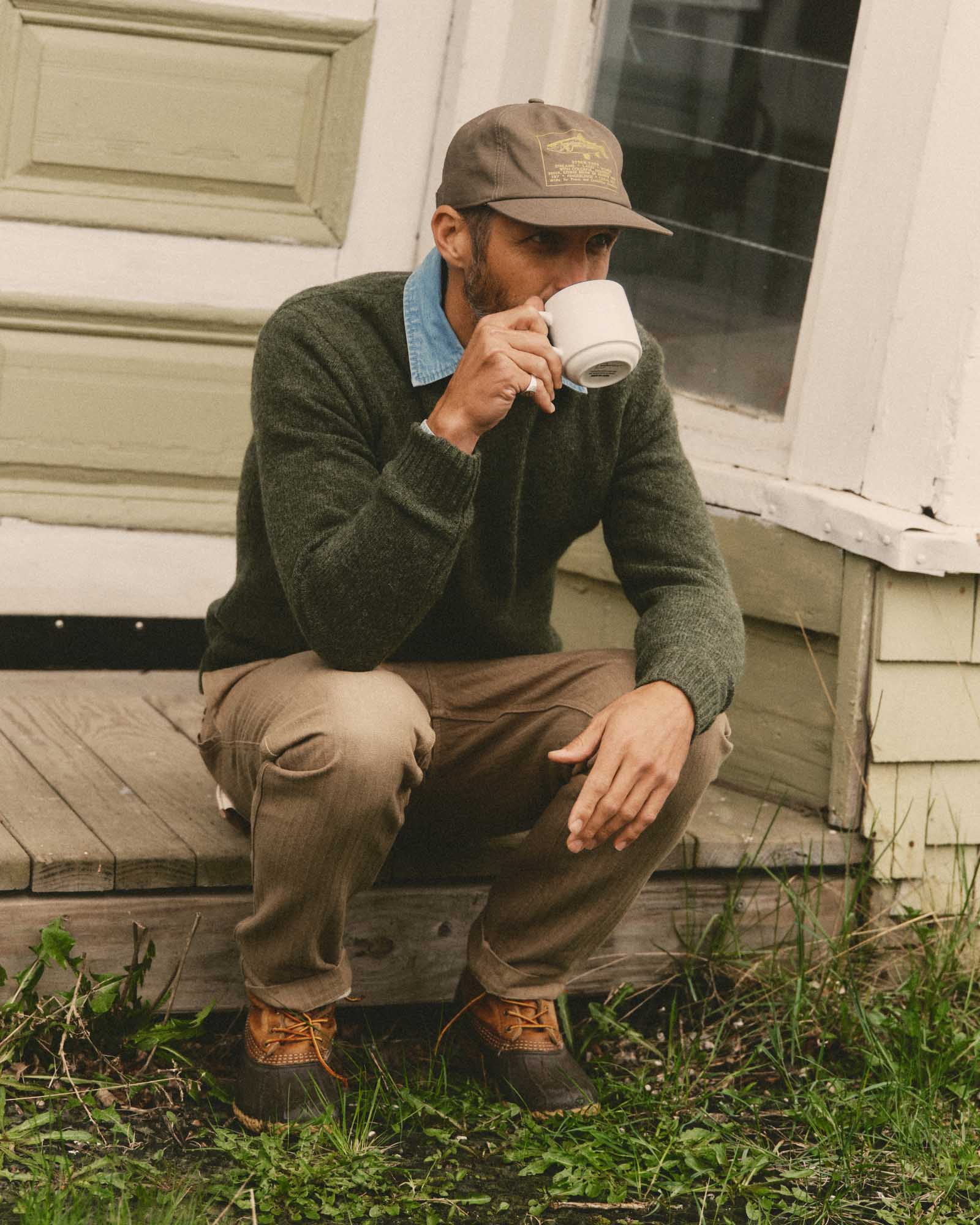 fit model showing off The Eastmoor Sweater in Spruce Wool, Knits by Taylor Stitch