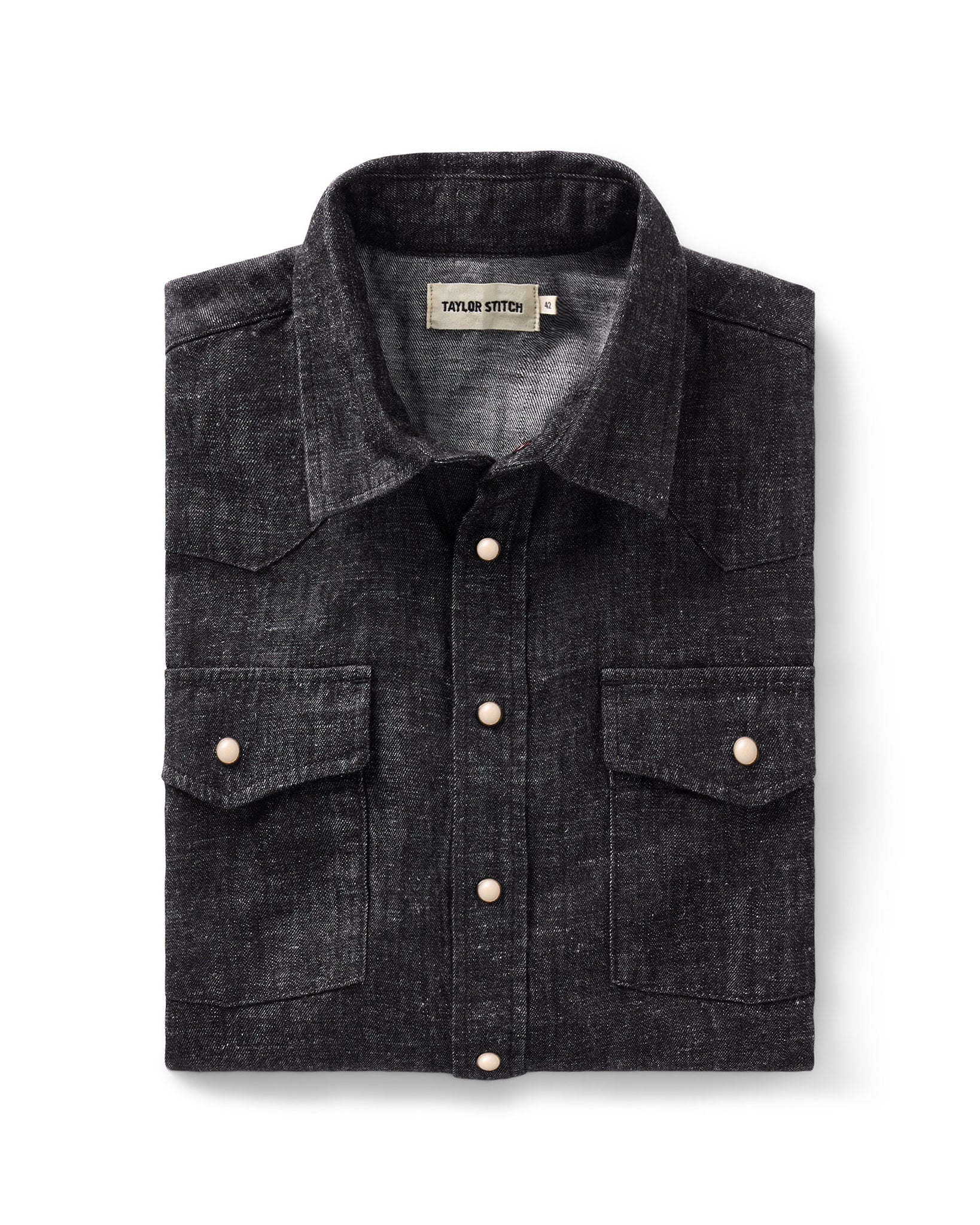 folded flatlay of The Glacier Shirt in Black Indigo Hemp Denim, Wovens by Taylor Stitch